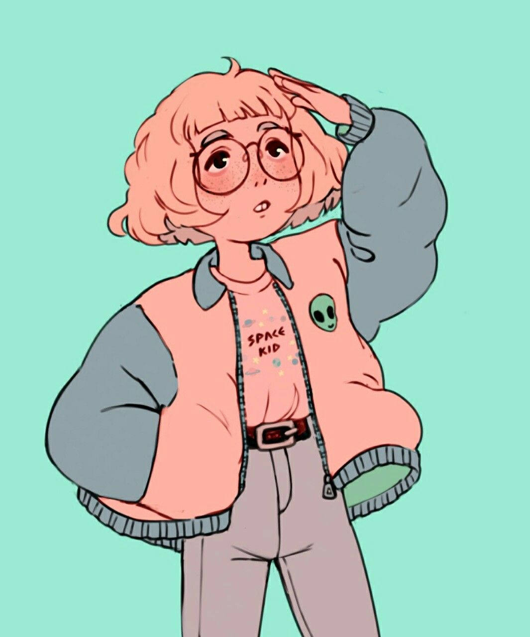 Aesthetic Drawings 桌布 壁紙 — 一個可愛的動漫風格女孩，擁有捲曲的粉紅色頭髮和眼鏡，穿著太空主題外套，在青綠色背景前敬禮。