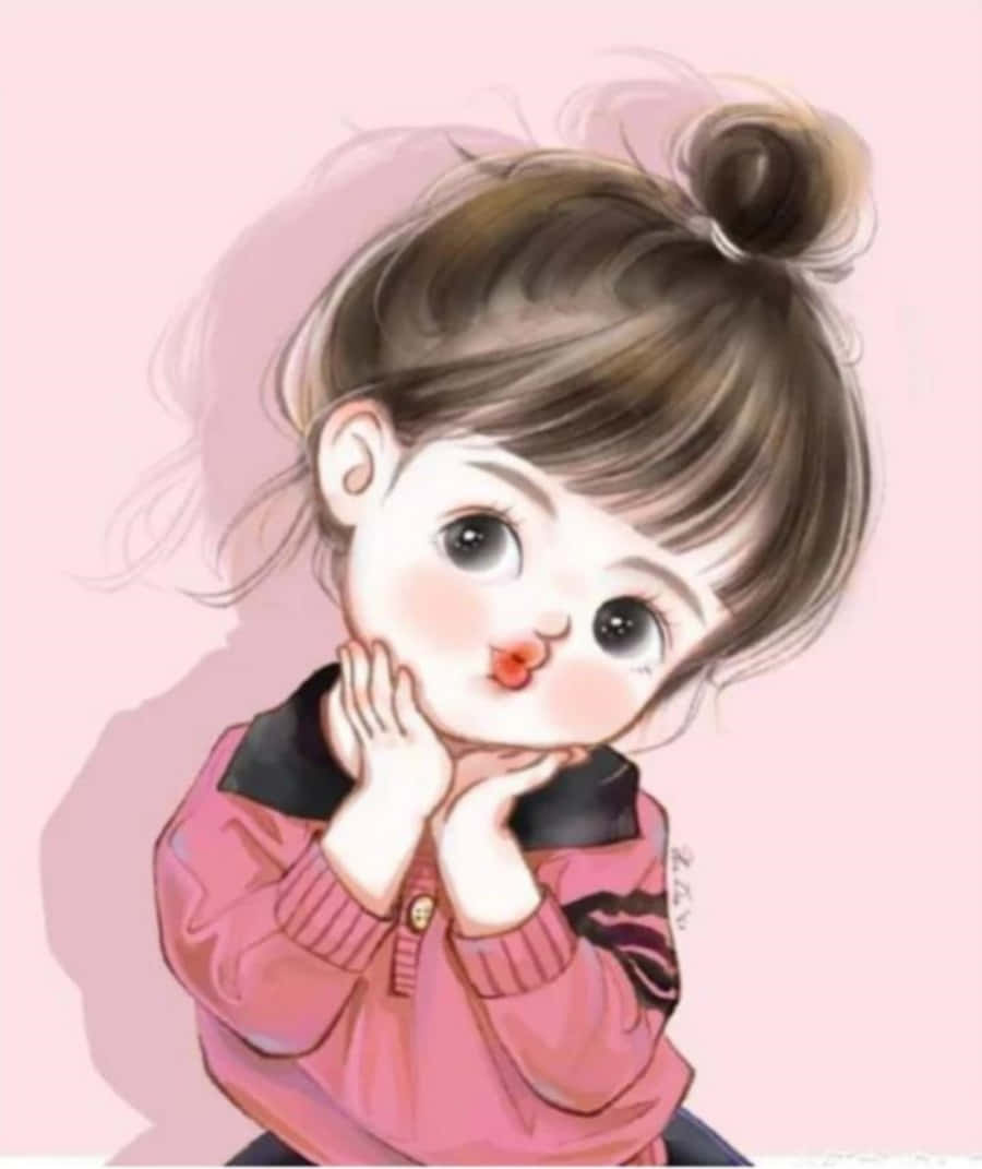 藝術 桌布 壁紙 — 一個可愛的動漫風格女孩，棕色頭髮盤成髮髻，臉頰紅潤，穿著粉紅色毛衣飛吻。