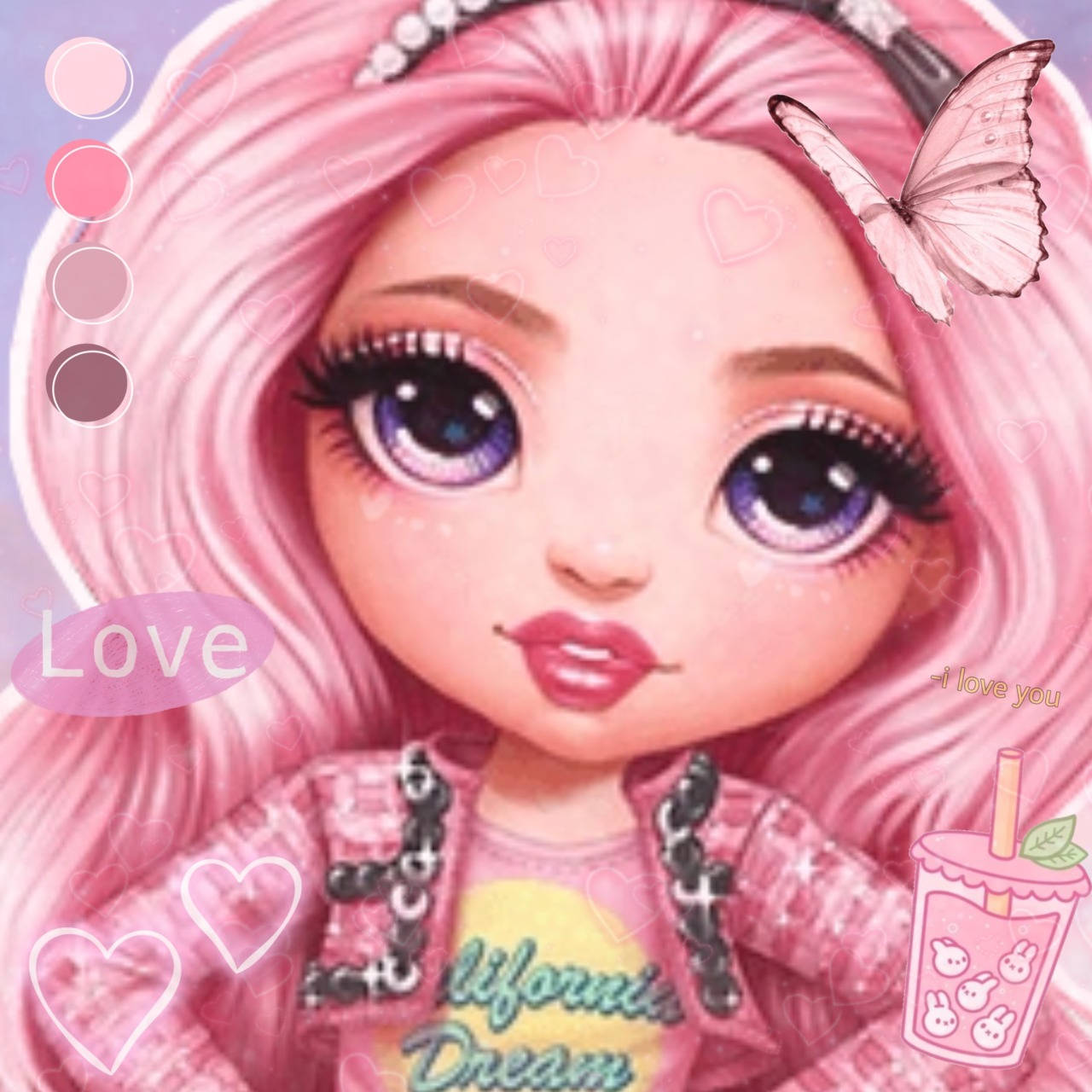 Dollify 桌布 壁紙 — 一個可愛的動漫風格女孩，粉紅色頭髮，頭上停著蝴蝶，周圍環繞著心形和色板。