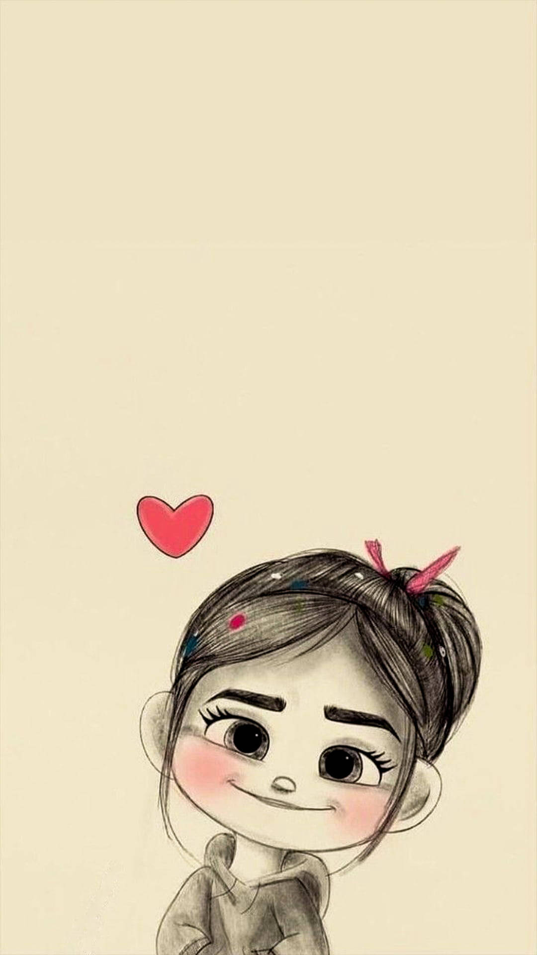 Love Drawings 桌布 壁紙 — 一個可愛的動漫風格女孩，頭頂上有一個粉紅色的愛心，在米色背景上溫柔地微笑。