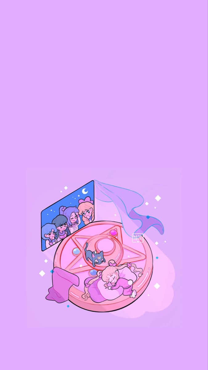 Sailor Moon iPad 桌布 壁紙 — 一個可愛的動漫風格女孩在粉紅色魔法陣中安睡，一隻貓在旁觀看，鏡子顯示她的朋友們在月光下的天空。