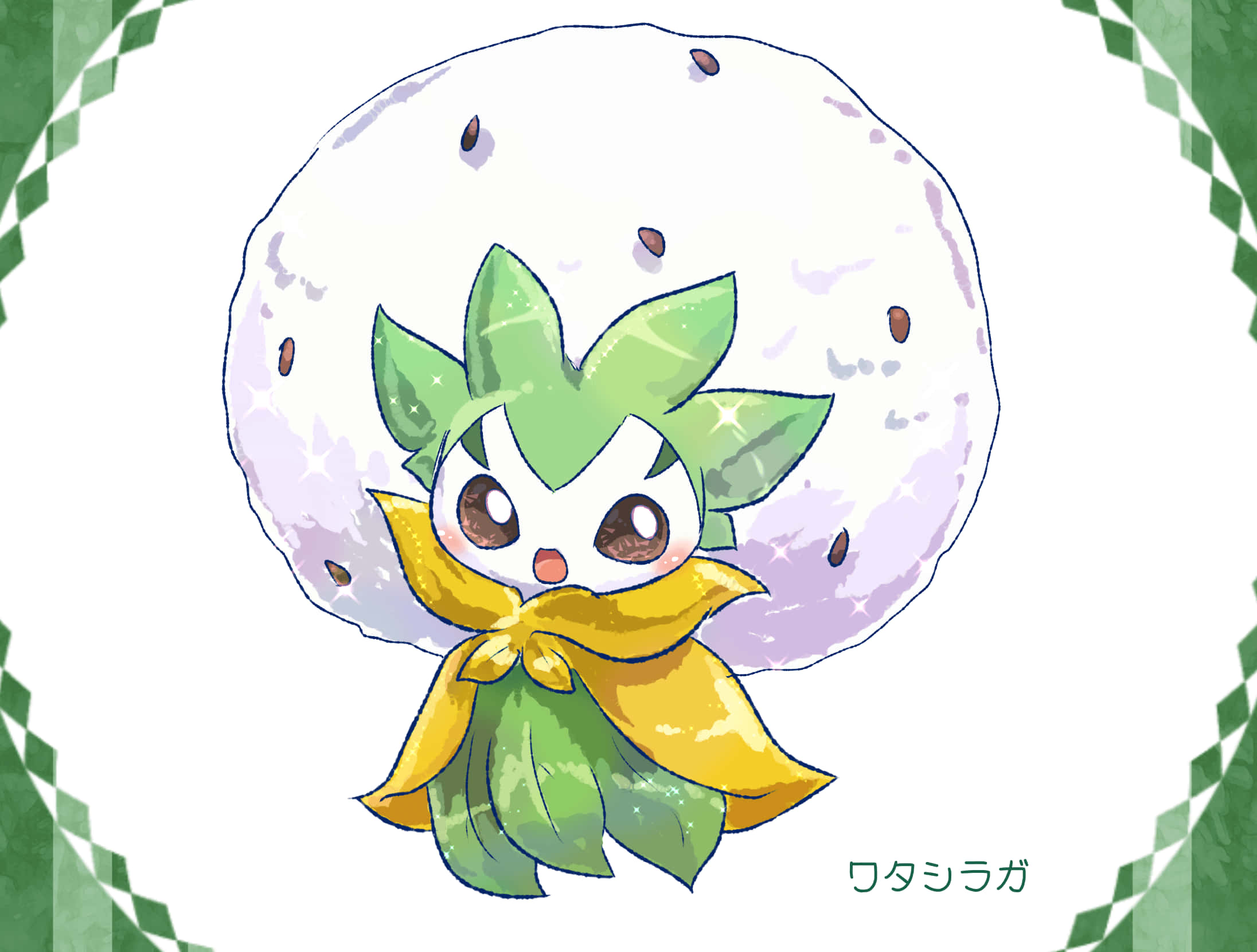藝術 桌布 壁紙 — 一個可愛的動漫風格寶可夢，擁有綠色葉狀頭髮和黃色圍巾，站在一個帶有棕色種子的大飯糰前。