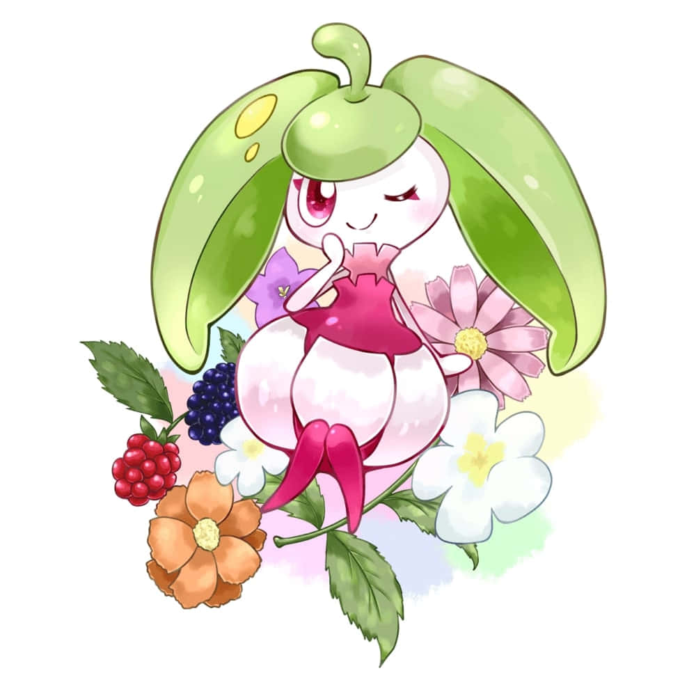 動漫 桌布 壁紙 — 一個可愛的動漫風格寶可夢，擁有綠色葉子耳朵和粉紅色裙子，被鮮花和漿果包圍。