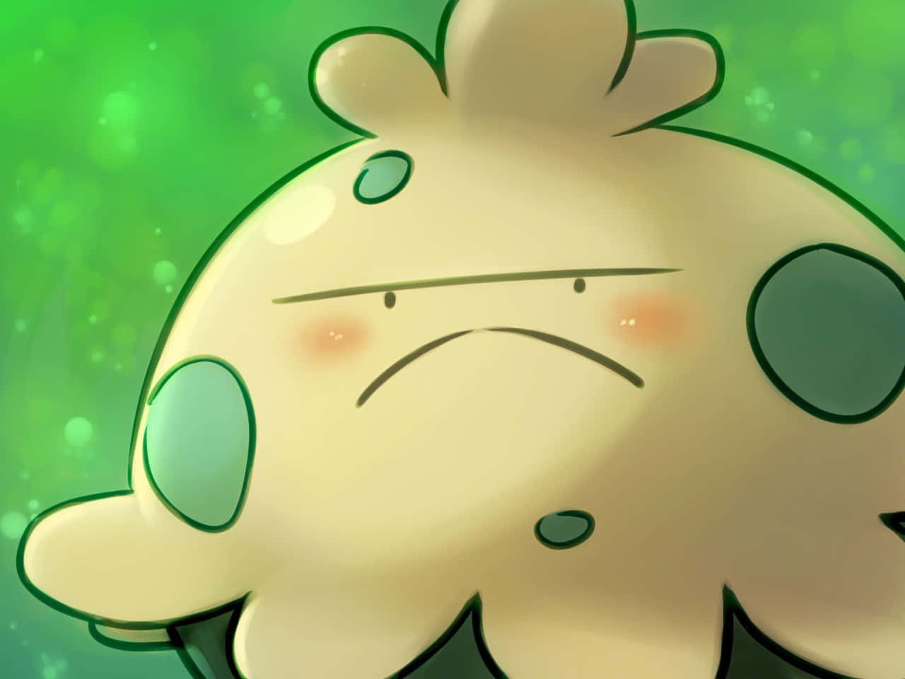 blushing 桌布 壁紙 — 一個可愛的動漫風格寶可夢，皺著眉頭，身上有綠色斑點，背景是發光的綠色。