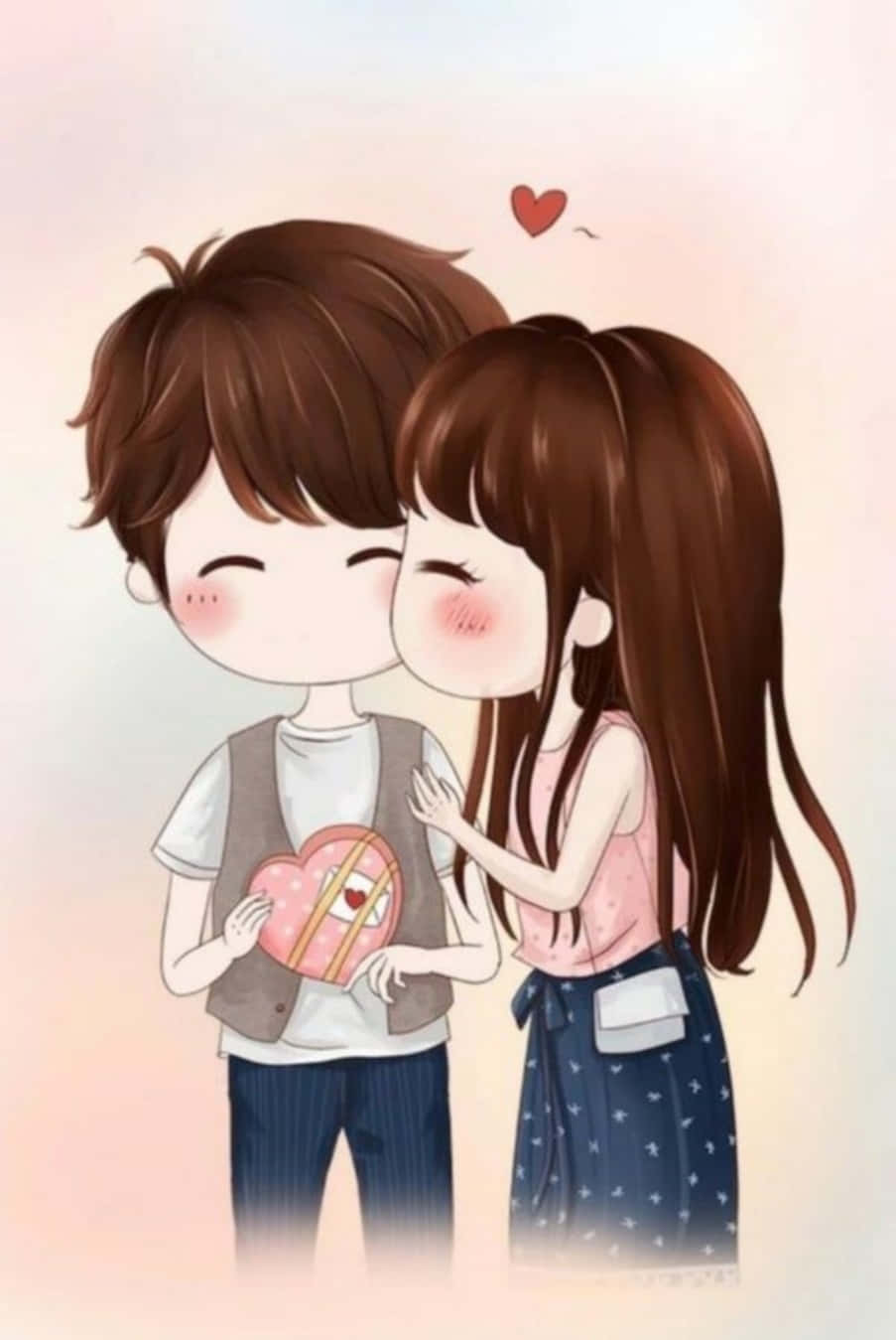 couple kiss 桌布 壁紙 — 一個可愛的動漫風格情侶分享甜蜜時刻，女孩親吻男孩的臉頰，而他拿著一個心形盒子。