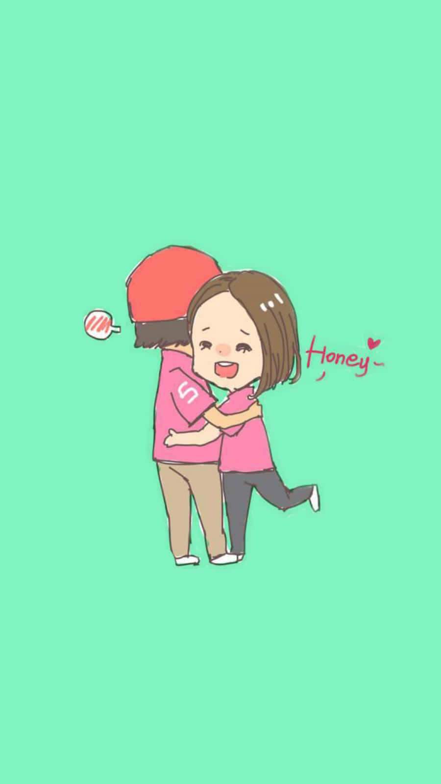 Couple Cartoon 桌布 壁紙 — 一個可愛的動漫風格情侶在純薄荷綠色背景上溫暖地擁抱，附近寫有「Honey」一詞。