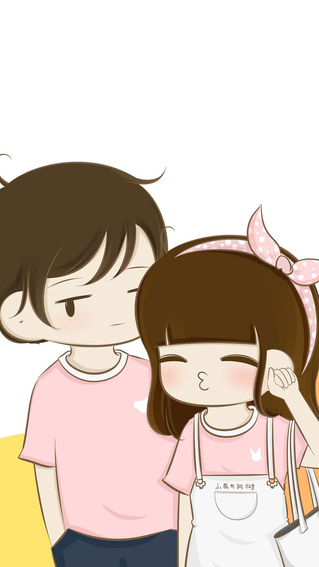 Cartoon 桌布 壁紙 — 一個可愛的動漫風格情侶穿著粉紅色服裝，分享著甜蜜、俏皮的時刻，臉頰泛紅，帶著羞澀的微笑。