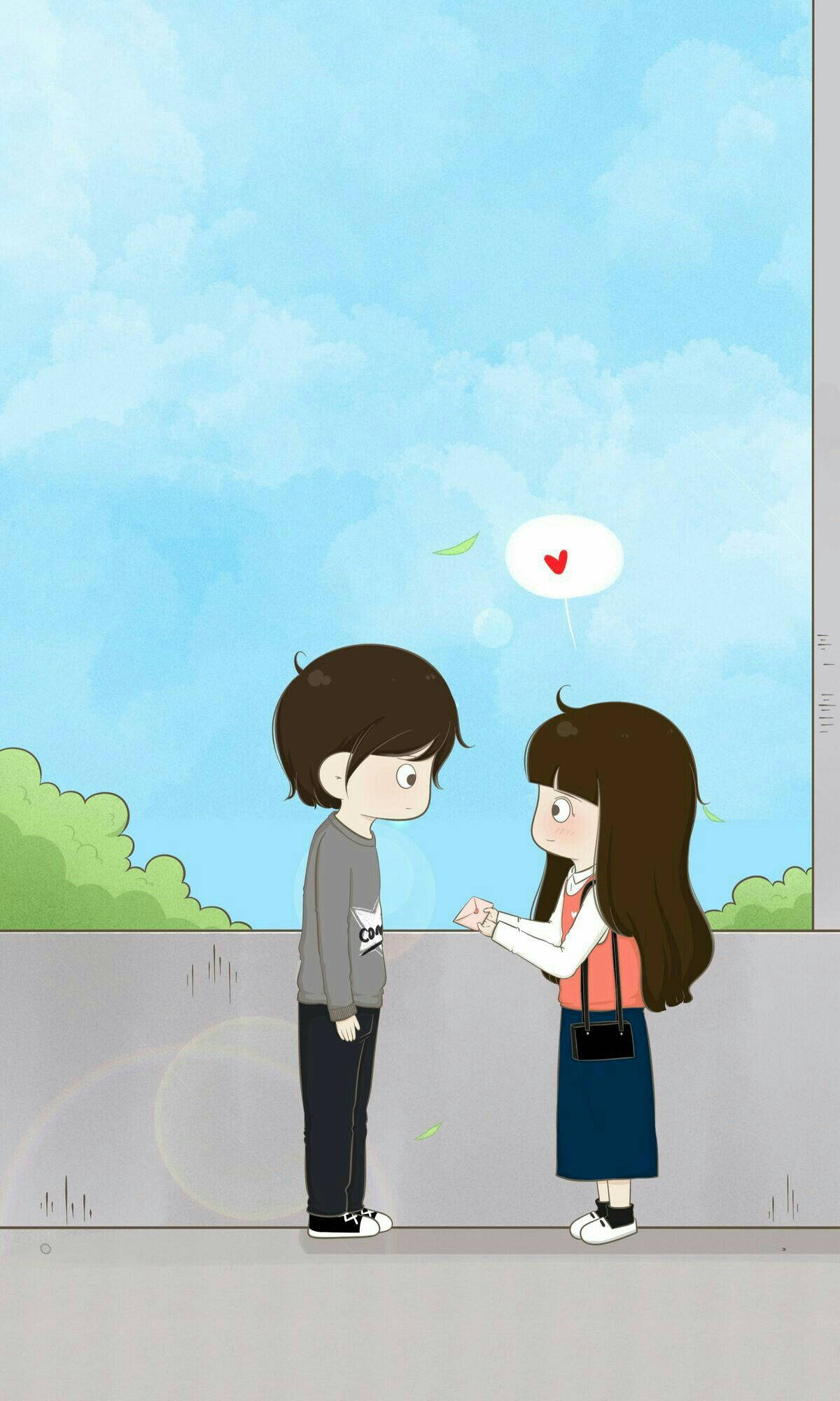 Cute Couples Cartoon 桌布 壁紙 — 一個可愛的動漫風格情侶站在明亮的藍天下，有蓬鬆的雲朵，女孩向看起來驚訝的男孩伸出手。