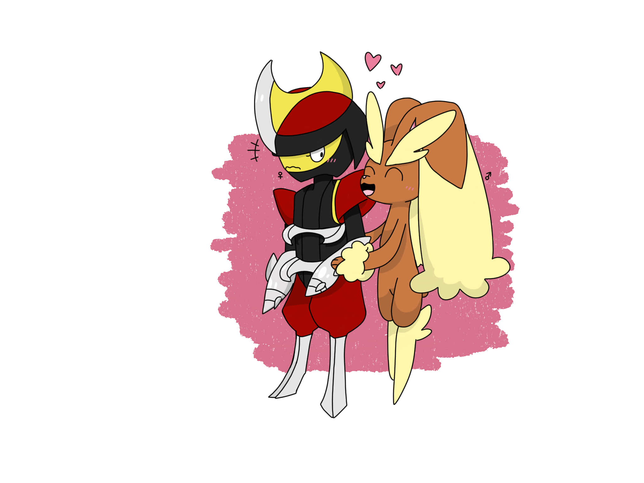 in love 桌布 壁紙 — 一個可愛的動漫風格插圖，描繪一隻武士主題的寶可夢擁抱一隻毛茸茸的棕色寶可夢，它們上方漂浮著愛心。