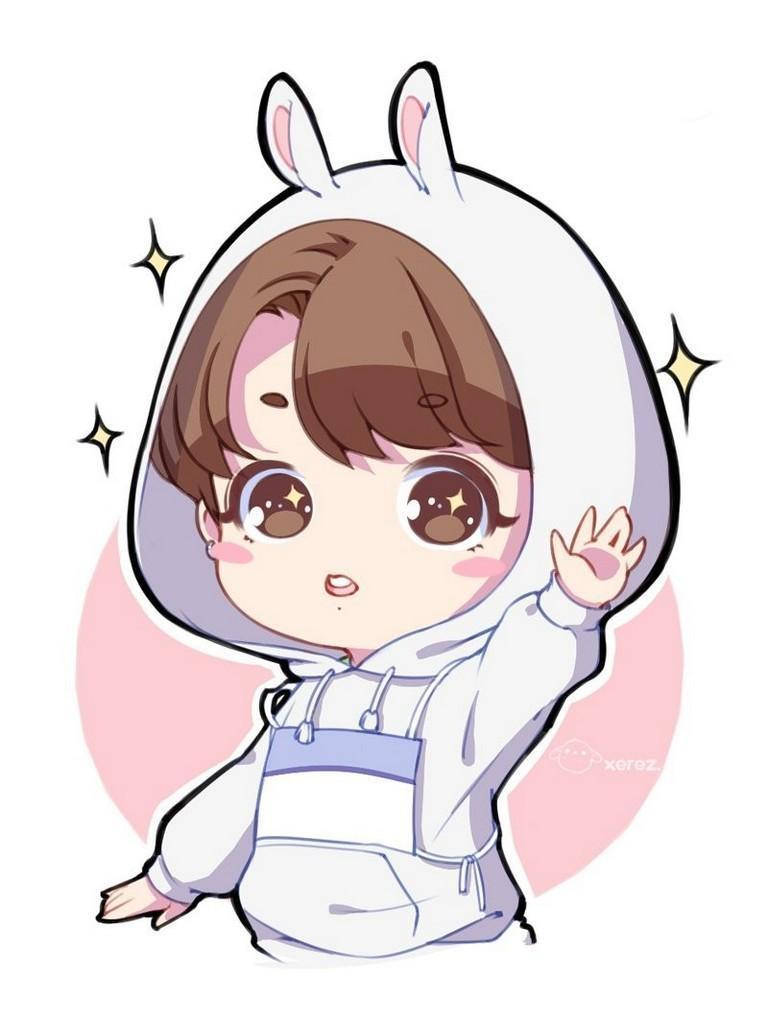 Bts Jk 桌布 壁紙 — 一個可愛的動漫風格角色穿著白色兔子連帽衫，在帶有閃爍星星的柔和粉紅色背景前開心地揮手。