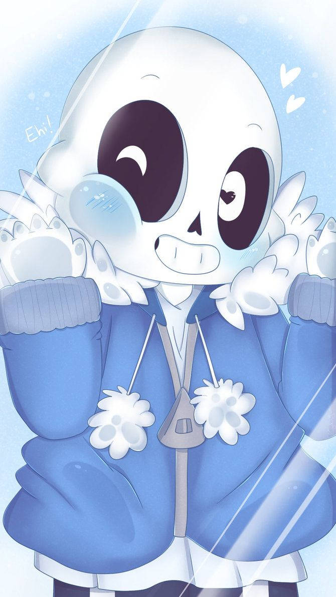 Sans 桌布 壁紙 — 一個可愛的動漫骷髏角色穿著藍色連帽衫，在雪花飄落中害羞地微笑。