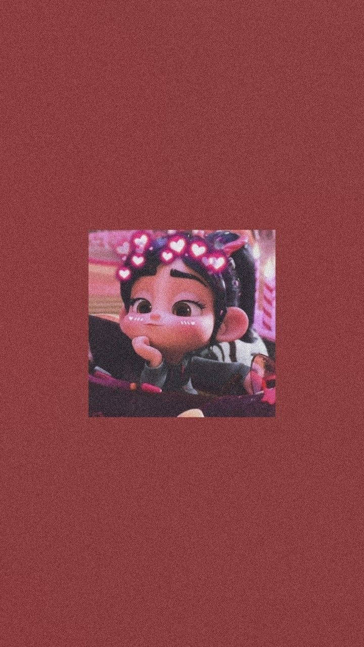 Cute Cartoon 桌布 壁紙 — 一個可愛的動畫女孩，戴著心形髮飾，在質感酒紅色背景上用手托著下巴。