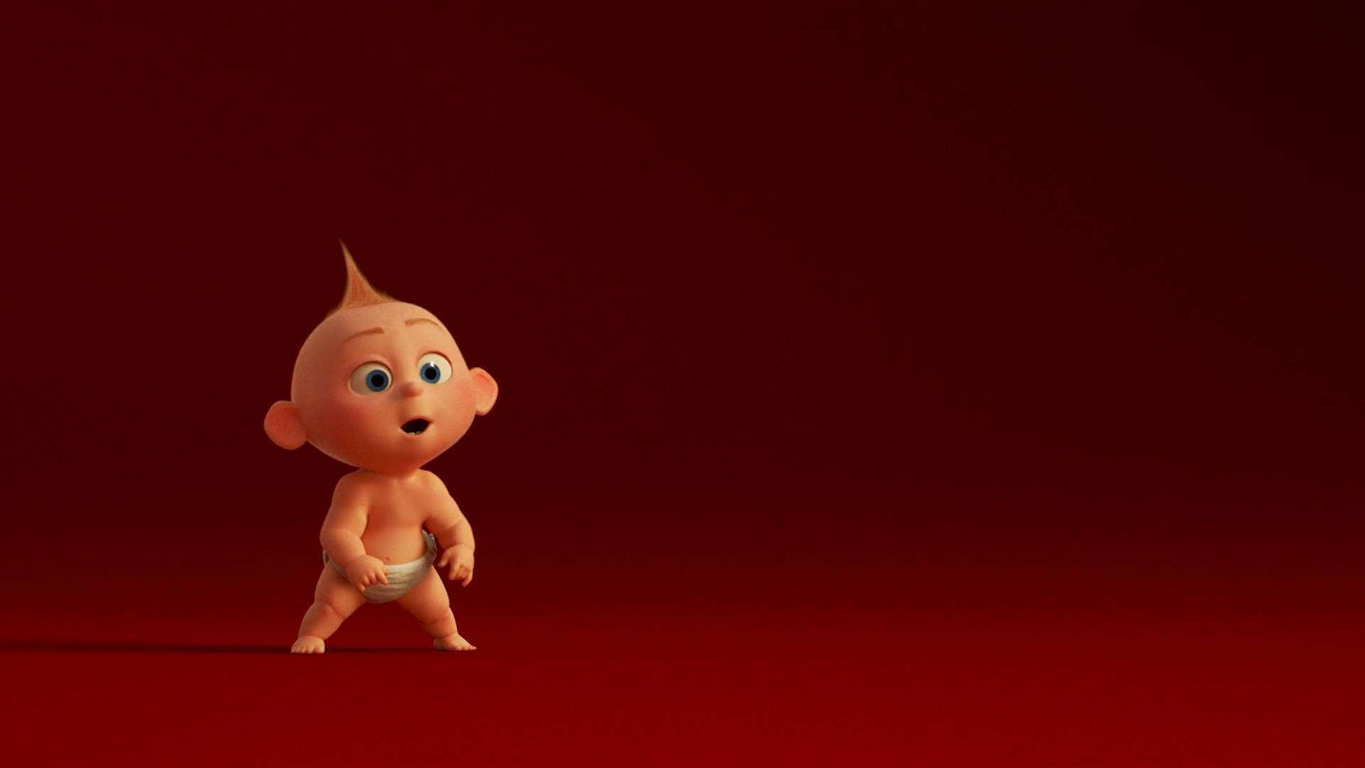 Jack Jack 桌布 壁紙 — 一個可愛的動畫嬰兒，頭頂有一撮頭髮，站在純紅色攝影棚中，表情驚訝。