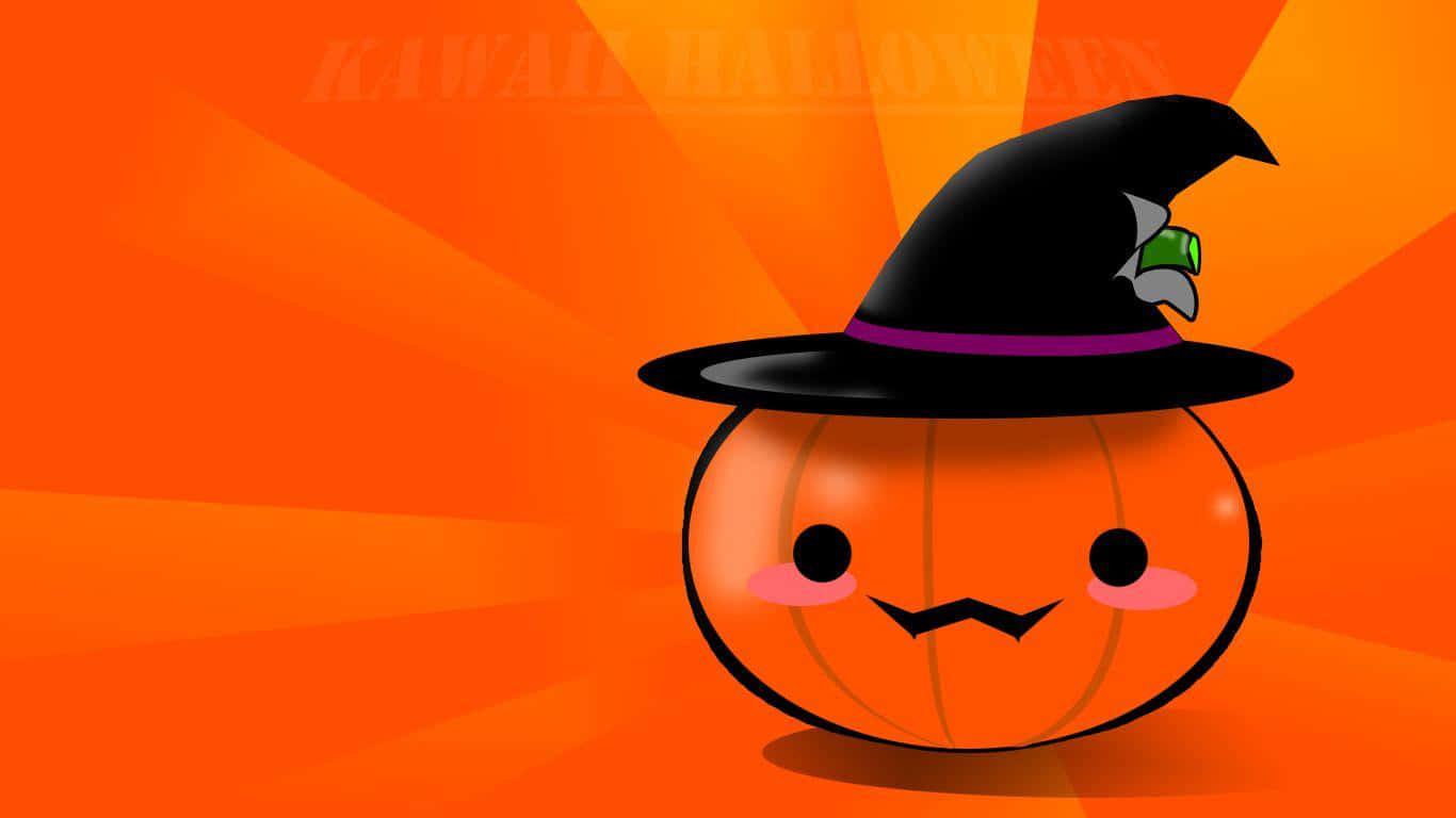 Funny Halloween 桌布 壁紙 — 一個可愛的卡哇伊南瓜戴著巫婆帽，在充滿活力的橙色太陽爆發背景下微笑。
