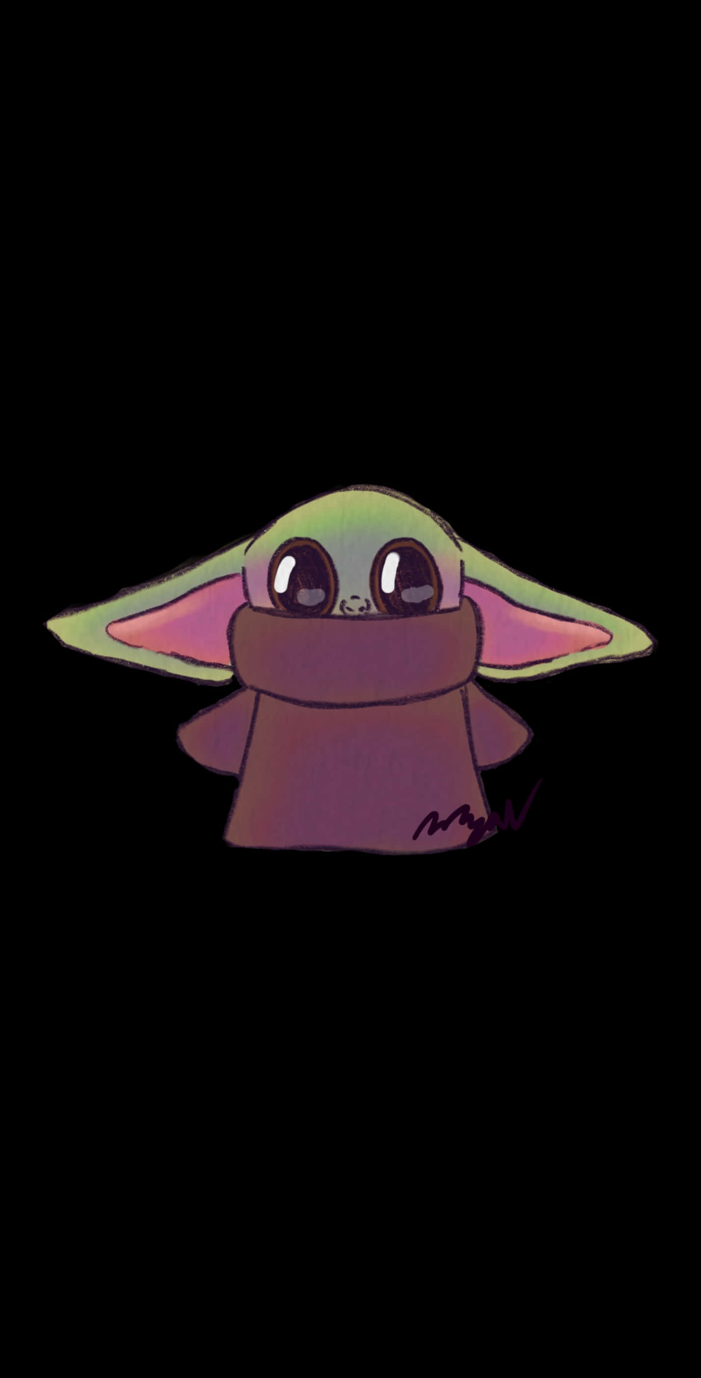 Baby Yoda Aesthetic 桌布 壁紙 — 一個可愛的卡通Grogu，有大眼睛和寬耳朵，站在黑色背景前。