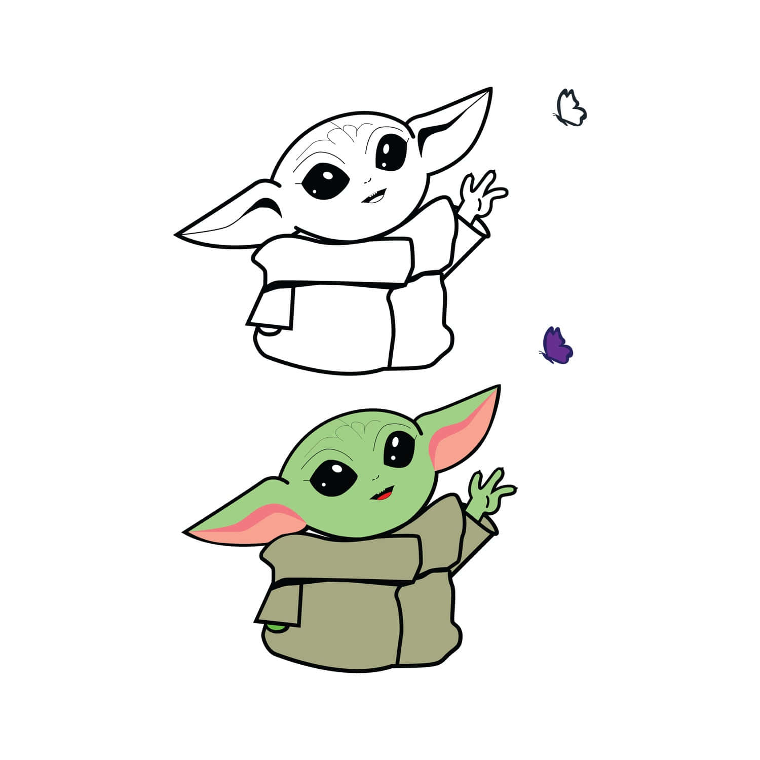 Grogu在卡通插圖中向蝴蝶揮手。 — 尤達寶寶 壁紙