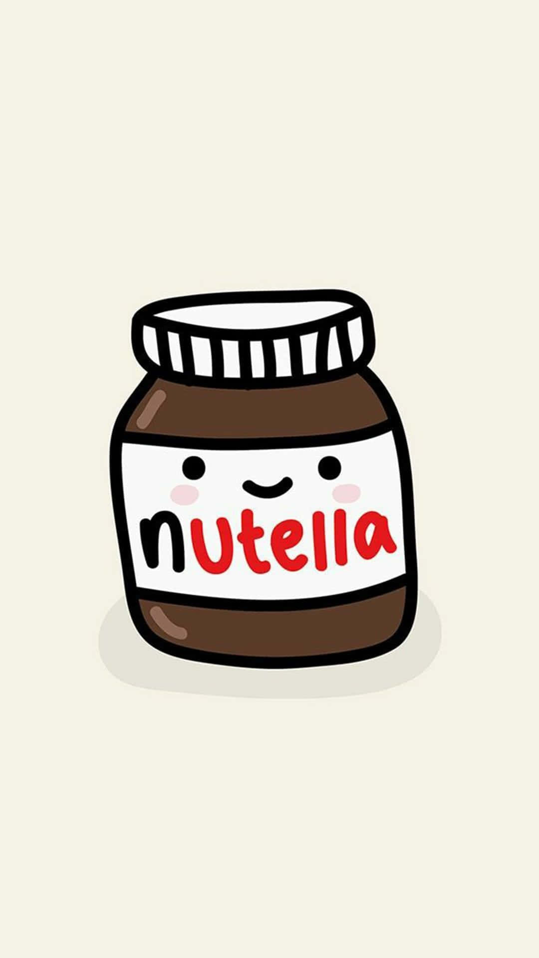Cute Food iPhone 桌布 壁紙 — 一個可愛的卡通Nutella罐，帶有微笑的臉龐和玫瑰色的臉頰，背景是柔和的米色。