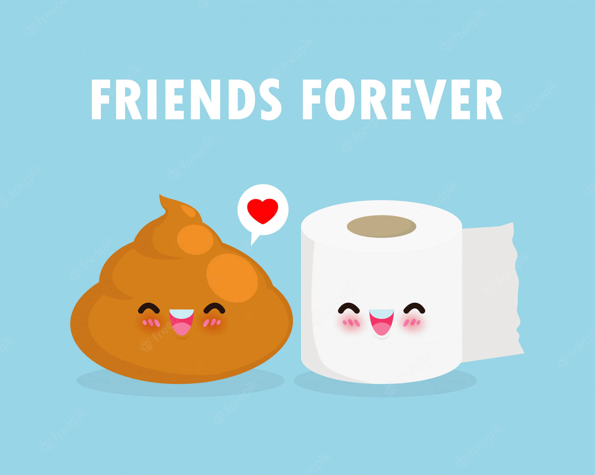 Cute Best Friend 桌布 壁紙 — 一個可愛的卡通便便表情符號和衛生紙卷微笑並分享一個心形符號，背景是淺藍色。