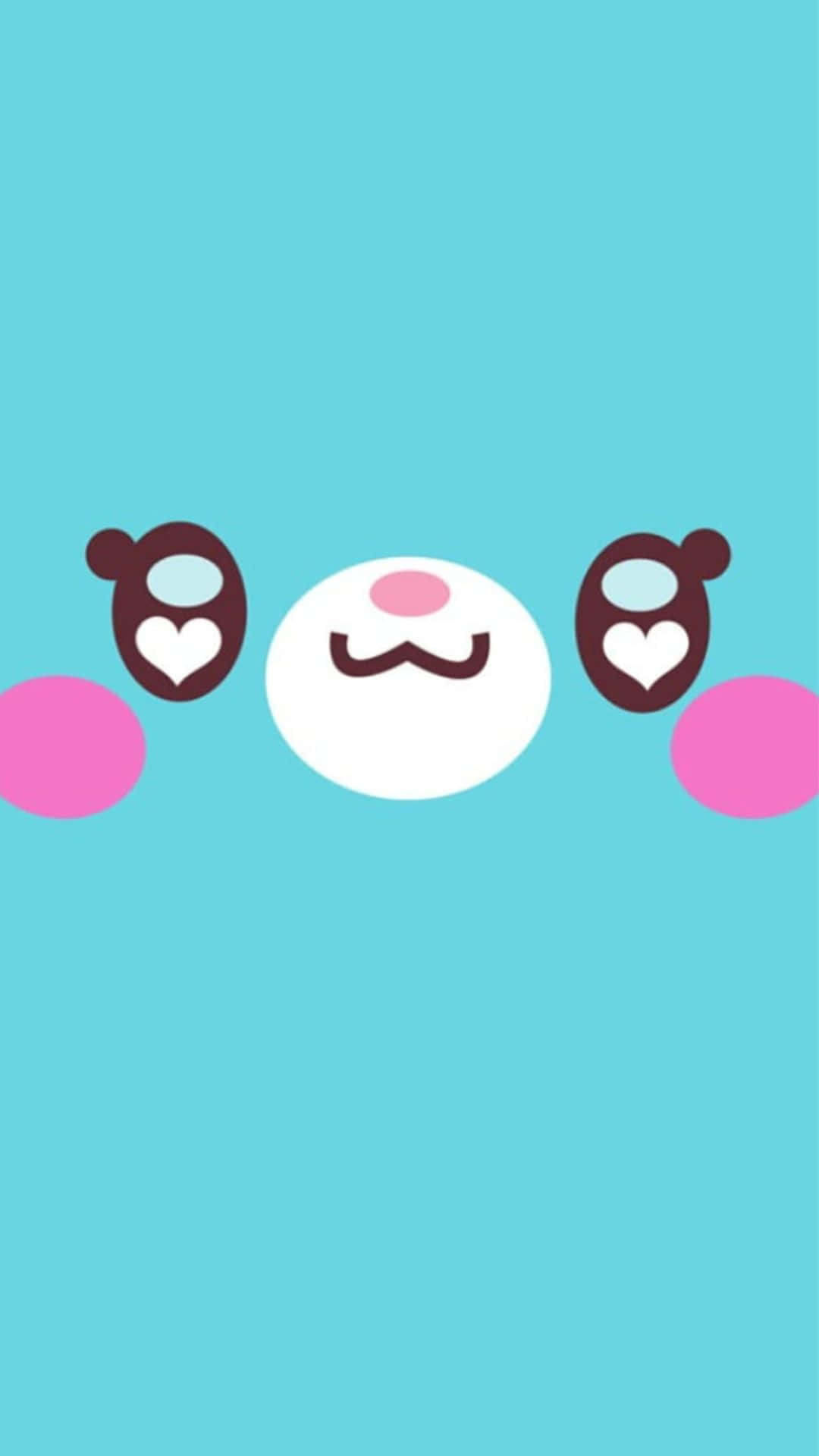 Kawaii Emoticon 桌布 壁紙 — 一個可愛的卡通兔臉，有心形眼睛和粉紅色臉頰，從純綠松石背景中探出頭來。