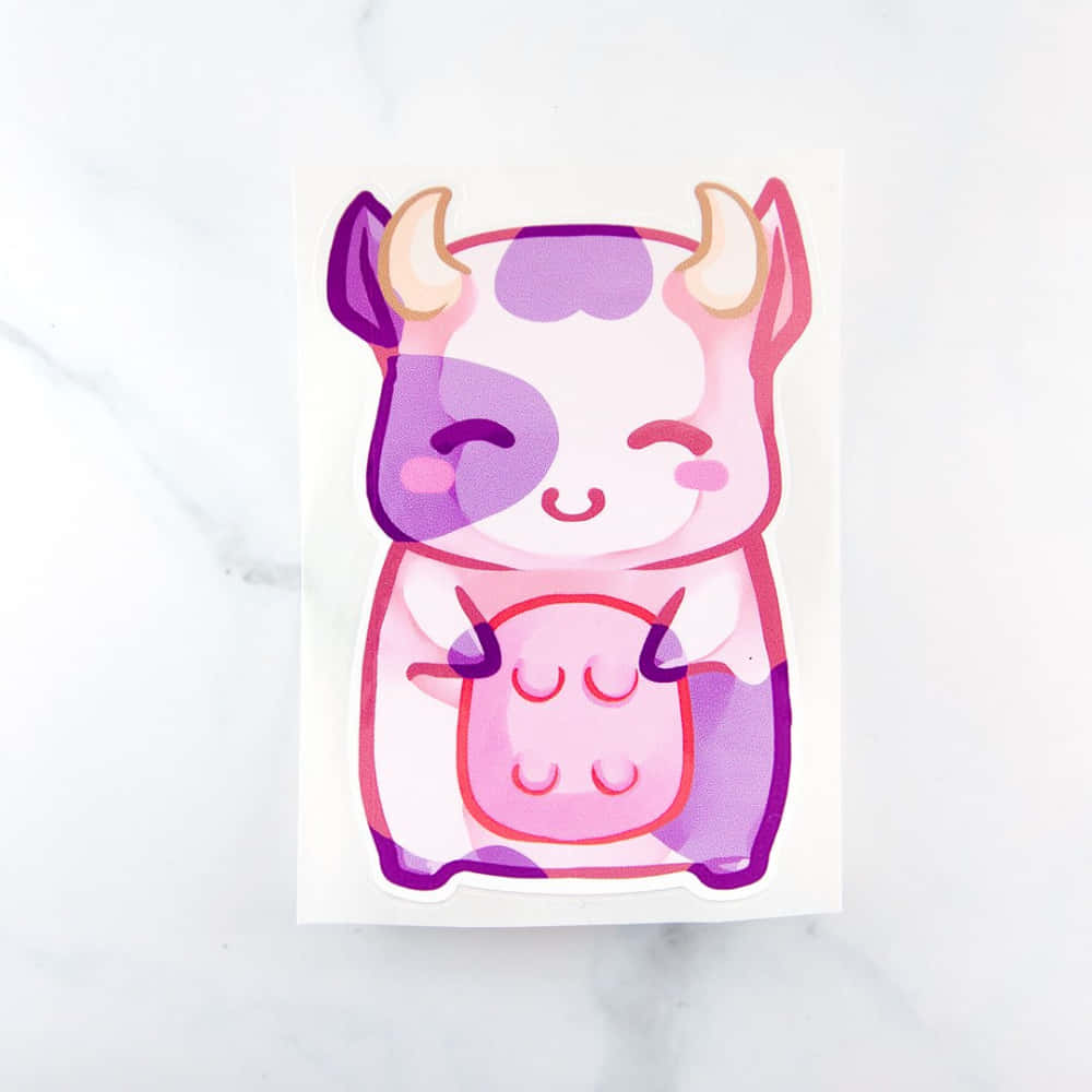 Kawaii Cow 桌布 壁紙 — 一個可愛的卡通公牛貼紙，帶有粉紅色和紫色斑點，在白色大理石表面上微笑。