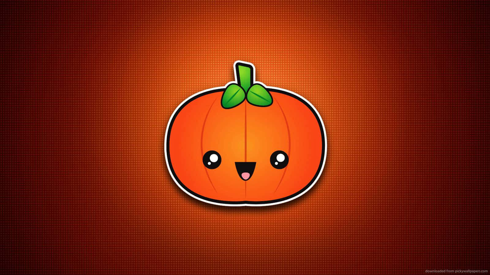Funny Halloween 桌布 壁紙 — 一個可愛的卡通南瓜，帶有微笑的臉和綠色莖，居中在橙色漸變背景上。