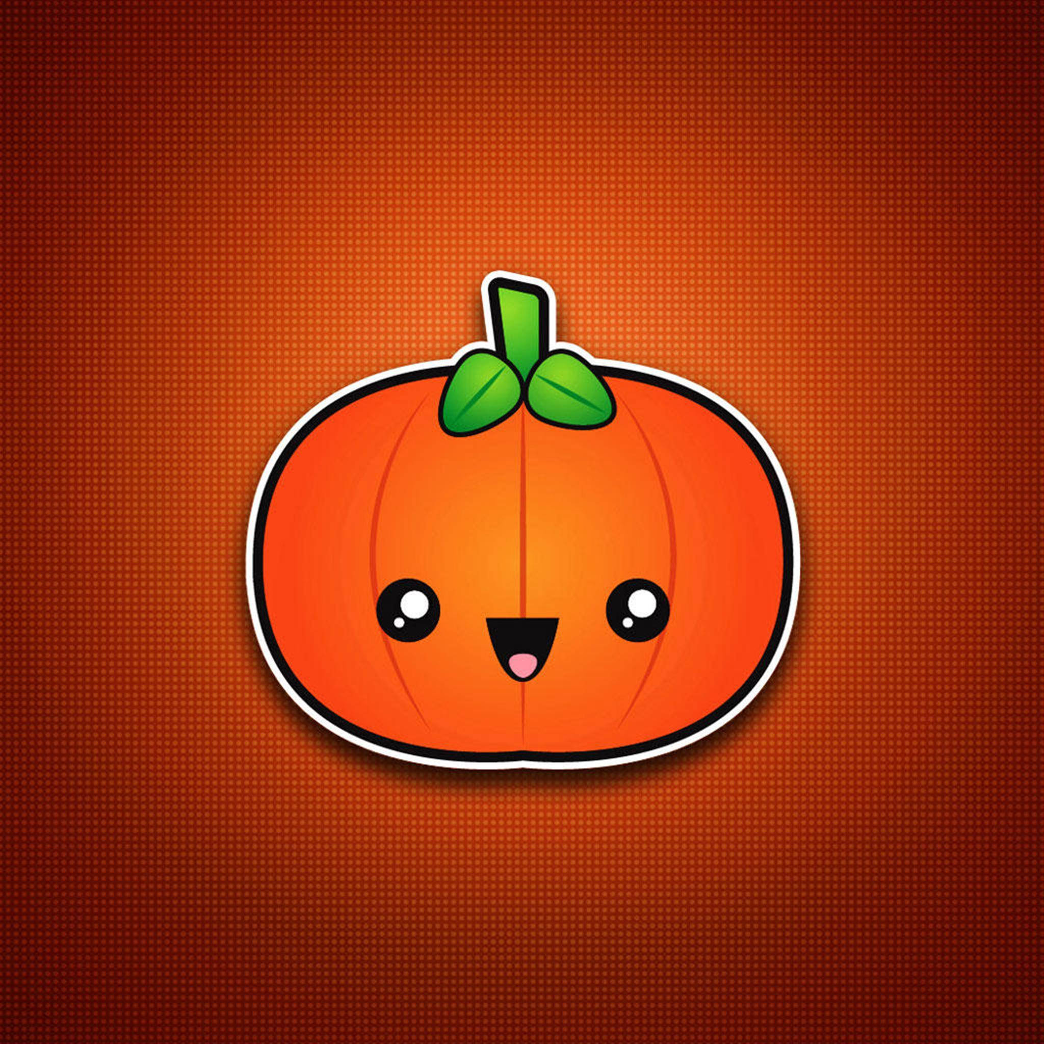 Halloween Pumpkin 桌布 壁紙 — 一個可愛的卡通南瓜，帶有微笑的臉和綠色莖，置於溫暖的橙色圓點背景上。
