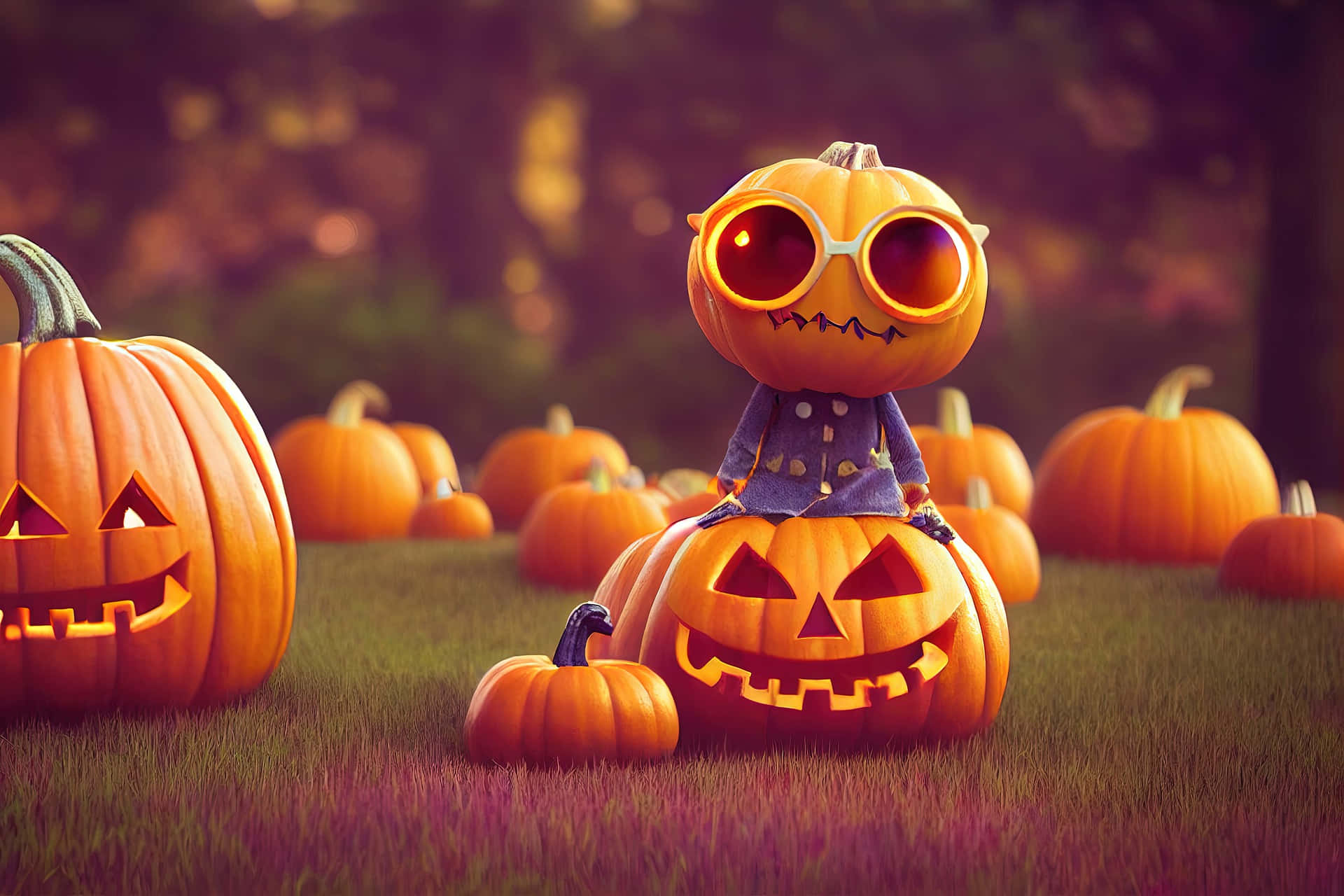 Pumpkin Patch 桌布 壁紙 — 一個可愛的卡通南瓜戴著超大太陽眼鏡，坐在一個雕刻的傑克南瓜燈上，位於一片草地上，周圍有其他南瓜。
