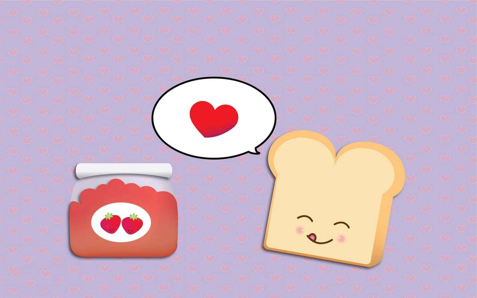 Cute Food 桌布 壁紙 — 一個可愛的卡通吐司，有笑臉和一個草莓果醬罐，兩者之間有心形漂浮在粉紫色心形圖案背景上。