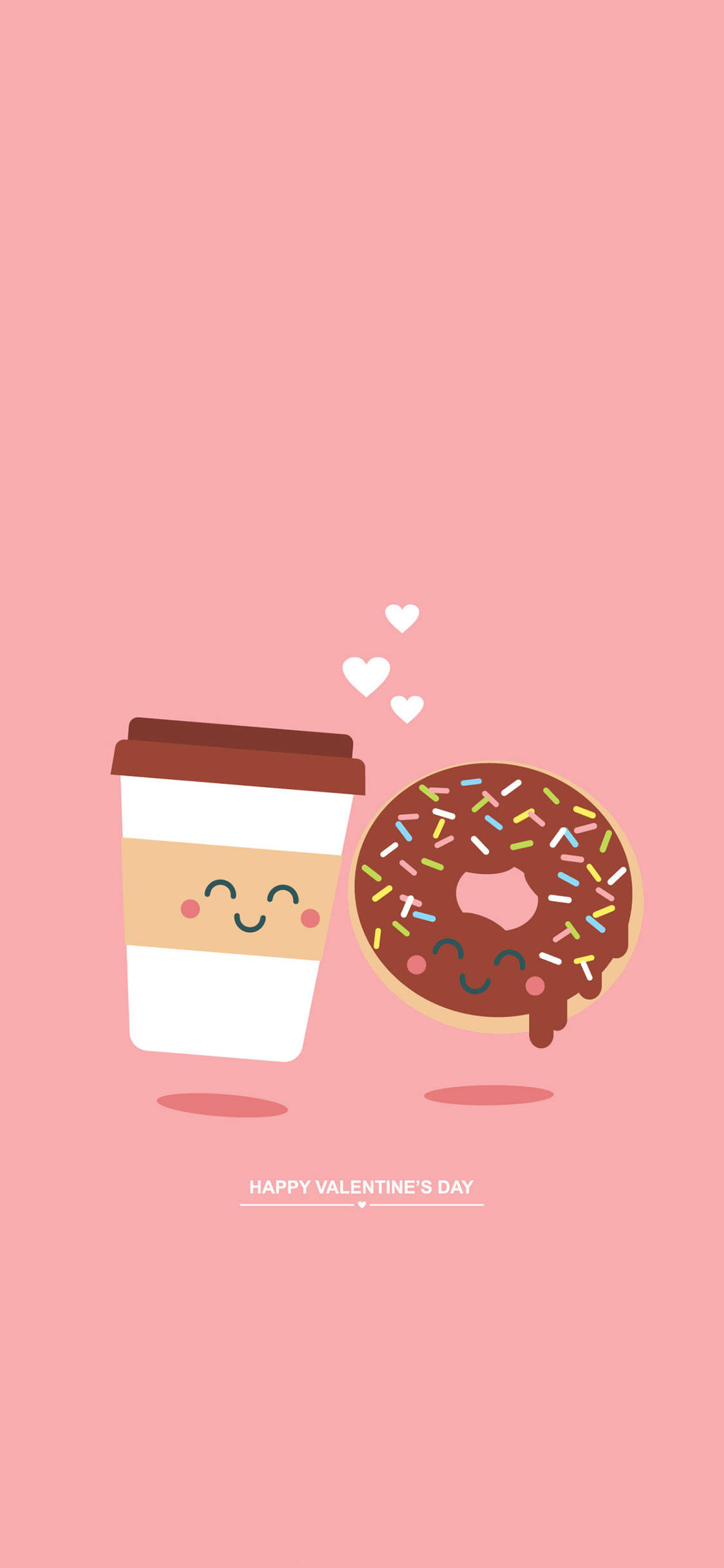 cute girly phone 桌布 壁紙 — 一個可愛的卡通咖啡杯和巧克力碎甜甜圈，在粉紅色背景上有笑臉和漂浮的心形。