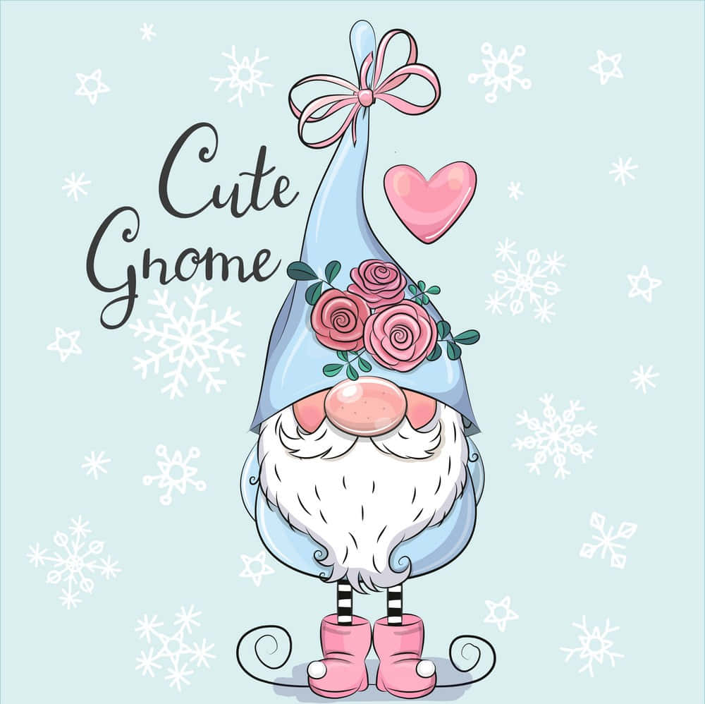 Gnome 桌布 壁紙 — 一個可愛的卡通地精，戴著藍色帽子，上面裝飾著粉紅玫瑰和蝴蝶結，站在淺藍色背景前，背景有雪花和心形。