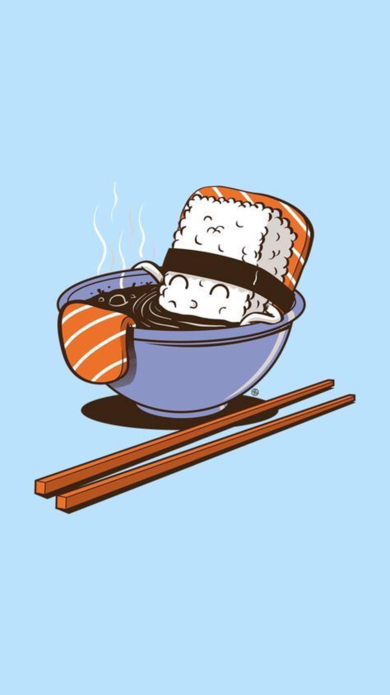 Sushi 桌布 壁紙 — 一個可愛的卡通壽司卷，帶著笑臉，在淺藍色背景上，旁邊有木筷子，放鬆在一個冒熱氣的湯碗裡。