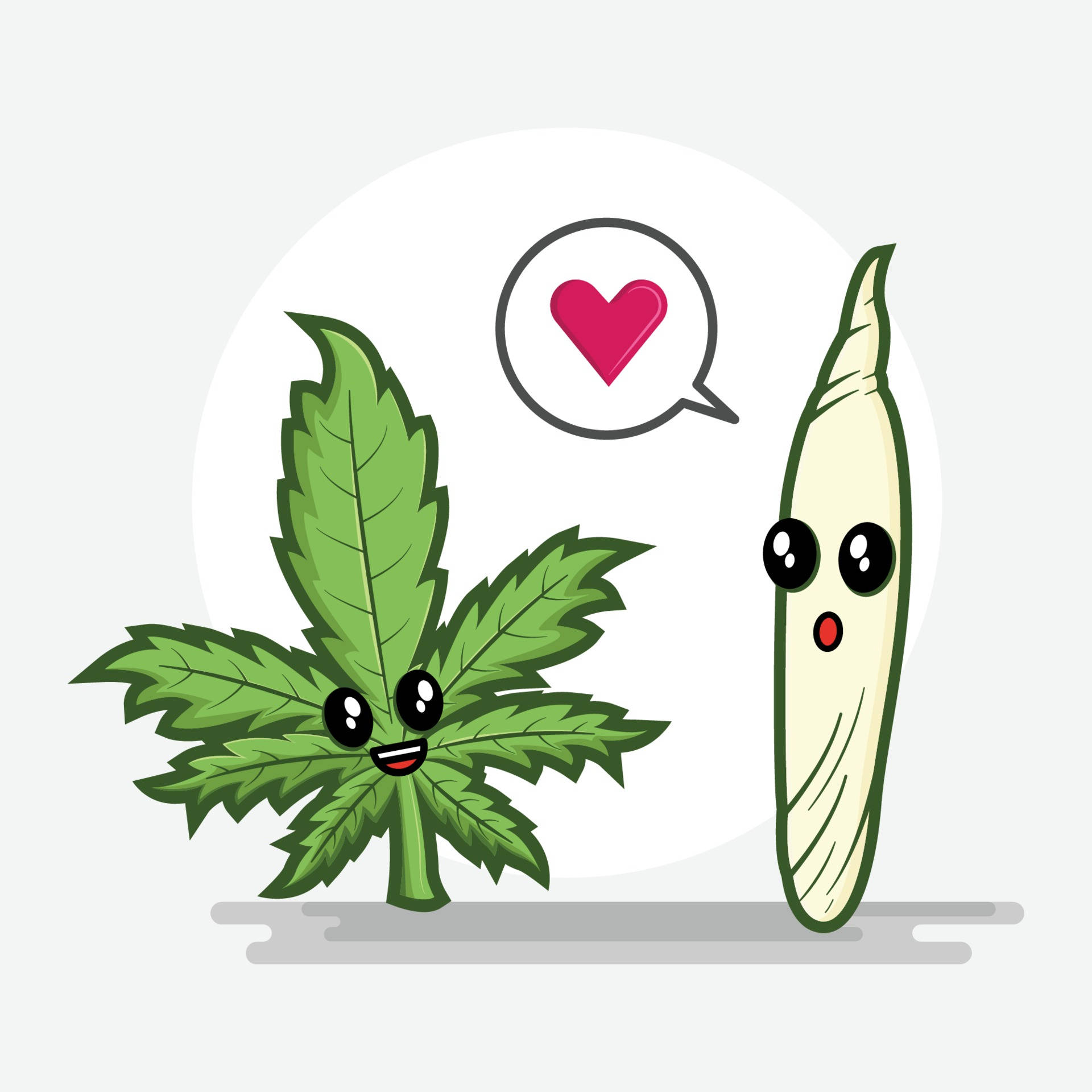 Cartoon Weed 桌布 壁紙 — 一個可愛的卡通大麻葉向著一支大麻煙微笑，中間有一個心形對話氣泡。