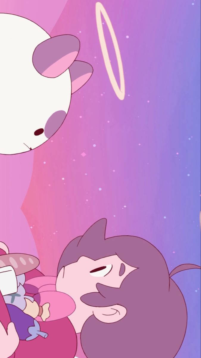 bee and puppycat 桌布 壁紙 — 一個可愛的卡通天使帶著光環，在夢幻的粉紅色和紫色天空中俯視一個昏昏欲睡的紫髮角色。