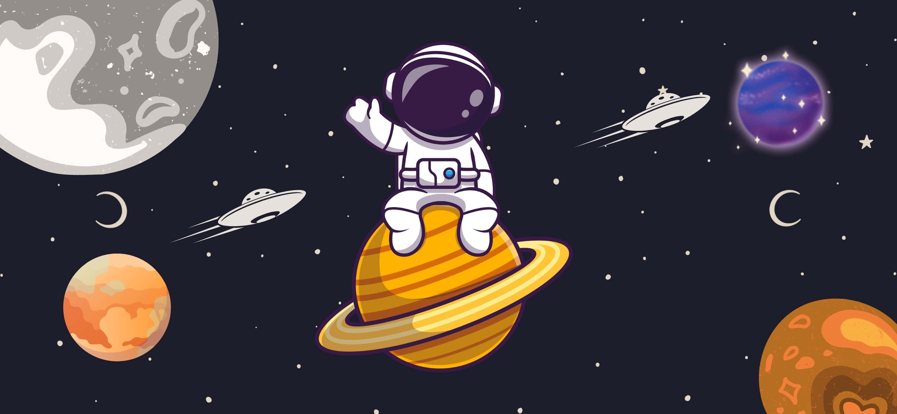 3120x1440 桌布 壁紙 — 一個可愛的卡通太空人在一個黃色環狀行星頂部揮手，周圍是色彩繽紛的行星和UFO，背景是星空太空場景。