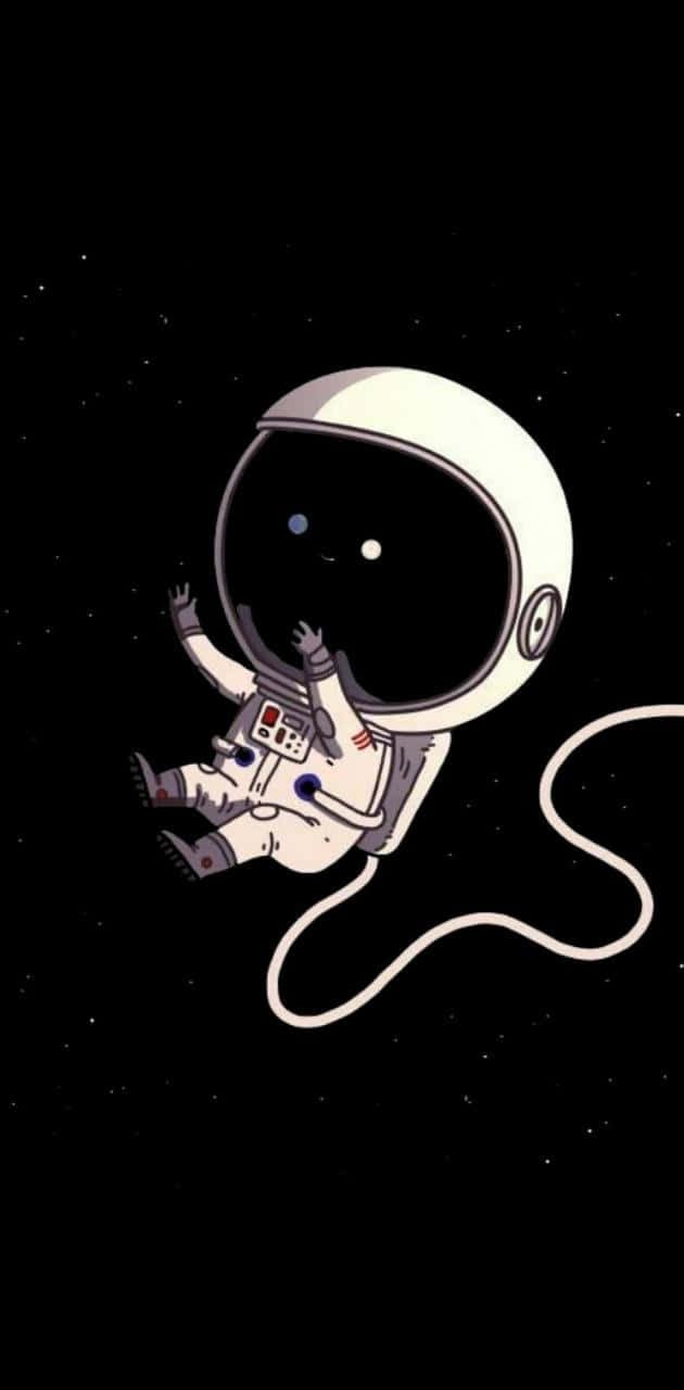  壁紙 — 一個可愛的卡通太空人在繁星點點的太空裡平靜地漂浮，身後拖著一條繫繩。