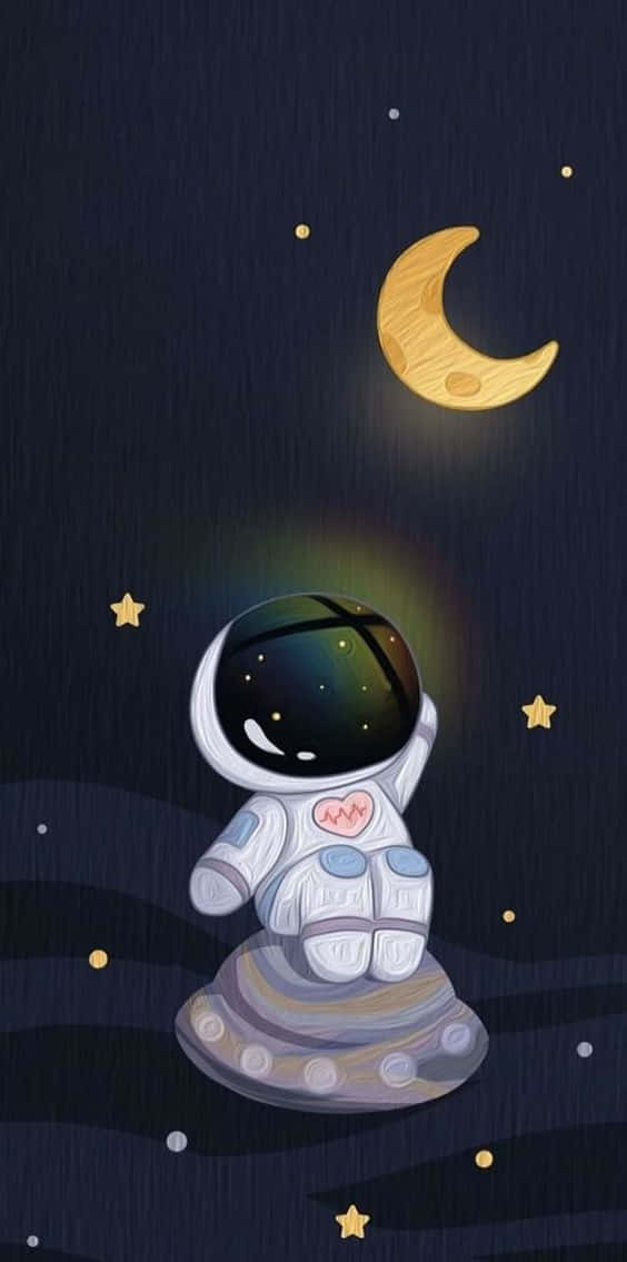 Astronaut iPhone 桌布 壁紙 — 一個可愛的卡通太空人坐在發光的彎月下、閃爍星星環繞的浮動平台上。