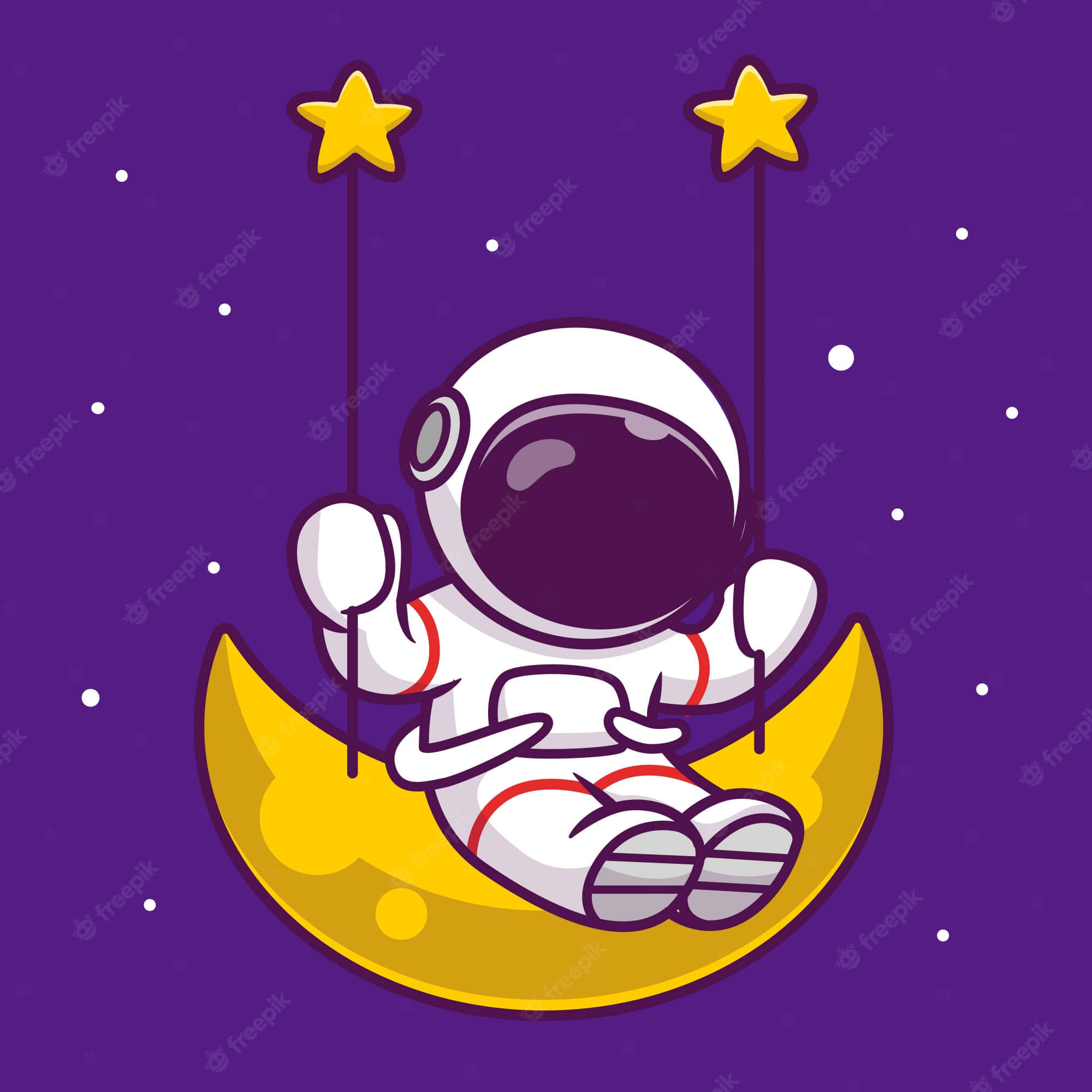 Animated Space 桌布 壁紙 — 一個可愛的卡通太空人坐在黃色新月上，在兩顆發光的黃色星星之間搖擺，背景是紫色星空。