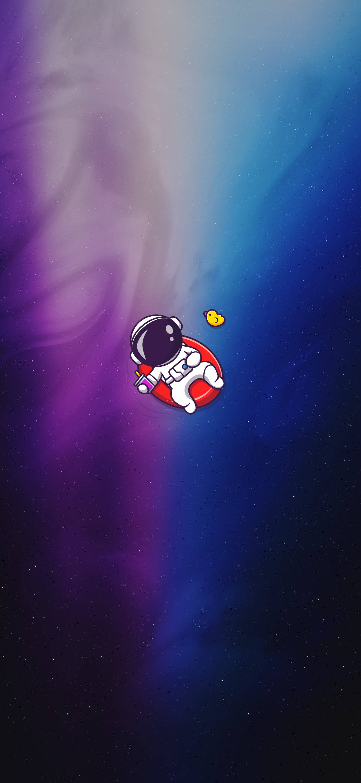 太空人 桌布 壁紙 — 一個可愛的卡通太空人漂浮在紅色游泳圈中，穿過夢幻的紫色和藍色宇宙星雲，附近有一隻小黃鴨。