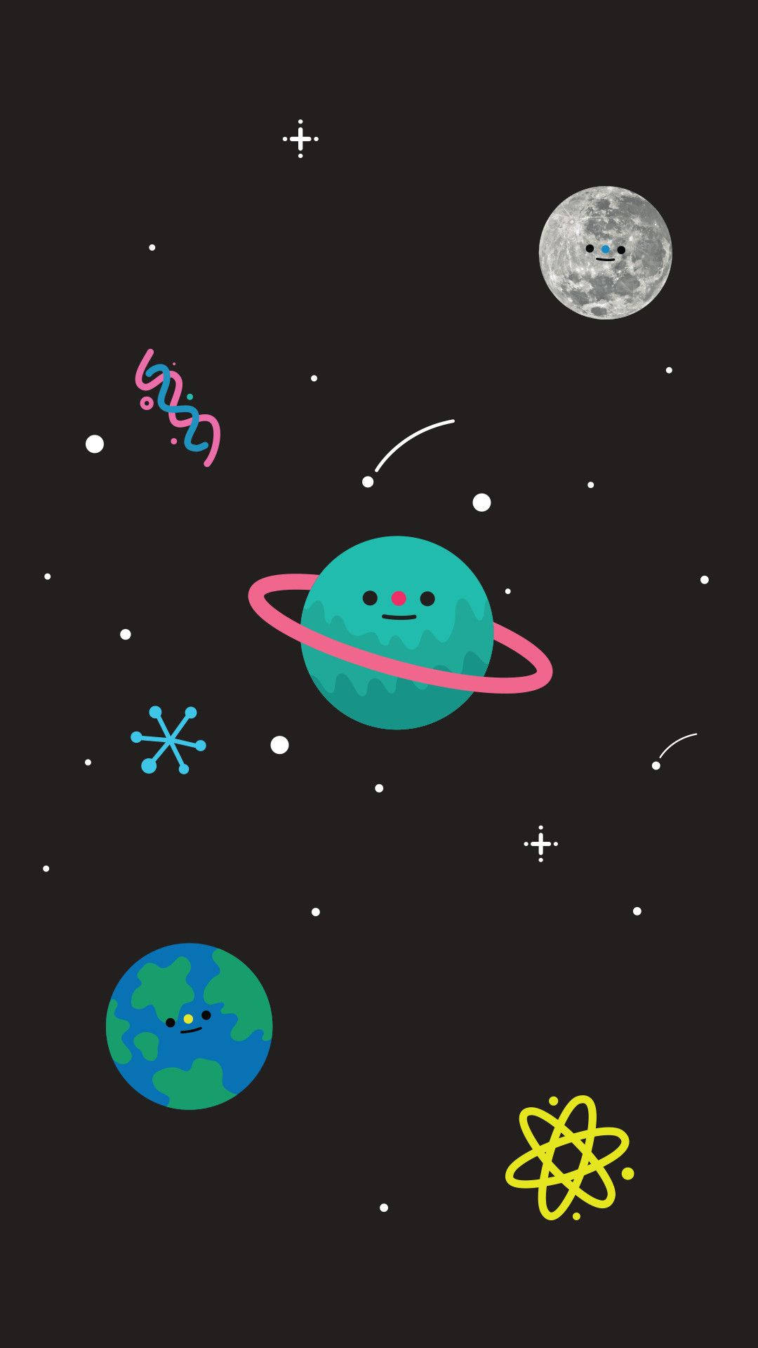可愛 桌布 壁紙 — 一個可愛的卡通太空場景，微笑的行星、月亮和星星漂浮在黑暗的宇宙中。