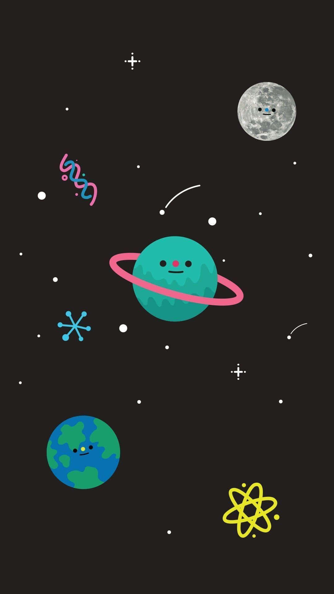 Cute Phone 桌布 壁紙 — 一個可愛的卡通太空場景，微笑的行星、月亮和星星漂浮在黑暗的天空中。