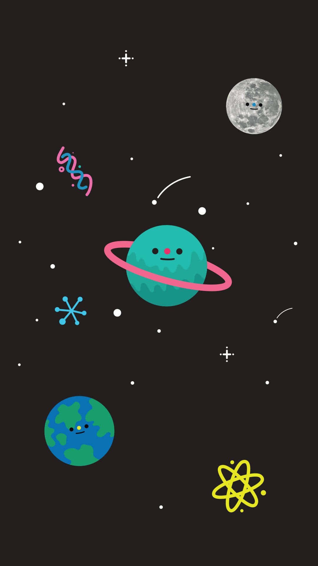Cute Space 桌布 壁紙 — 一個可愛的卡通太空場景，有微笑的行星、月亮和星星在深色背景上。