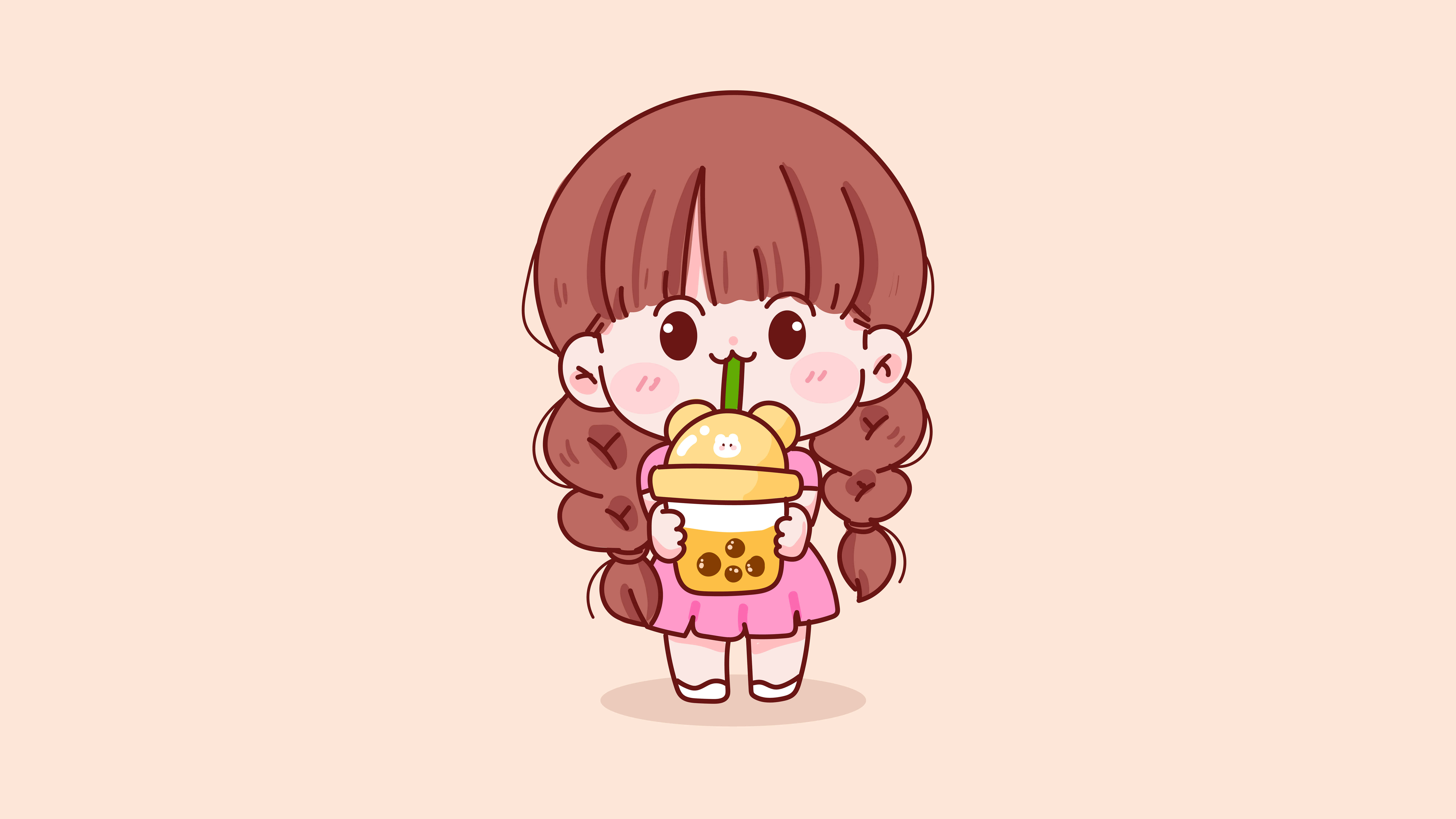 Kawaii Cartoon 桌布 壁紙 — 一個可愛的卡通女孩，棕色辮子，拿著一杯有微笑熊蓋的珍珠奶茶，背景是柔和的桃色。