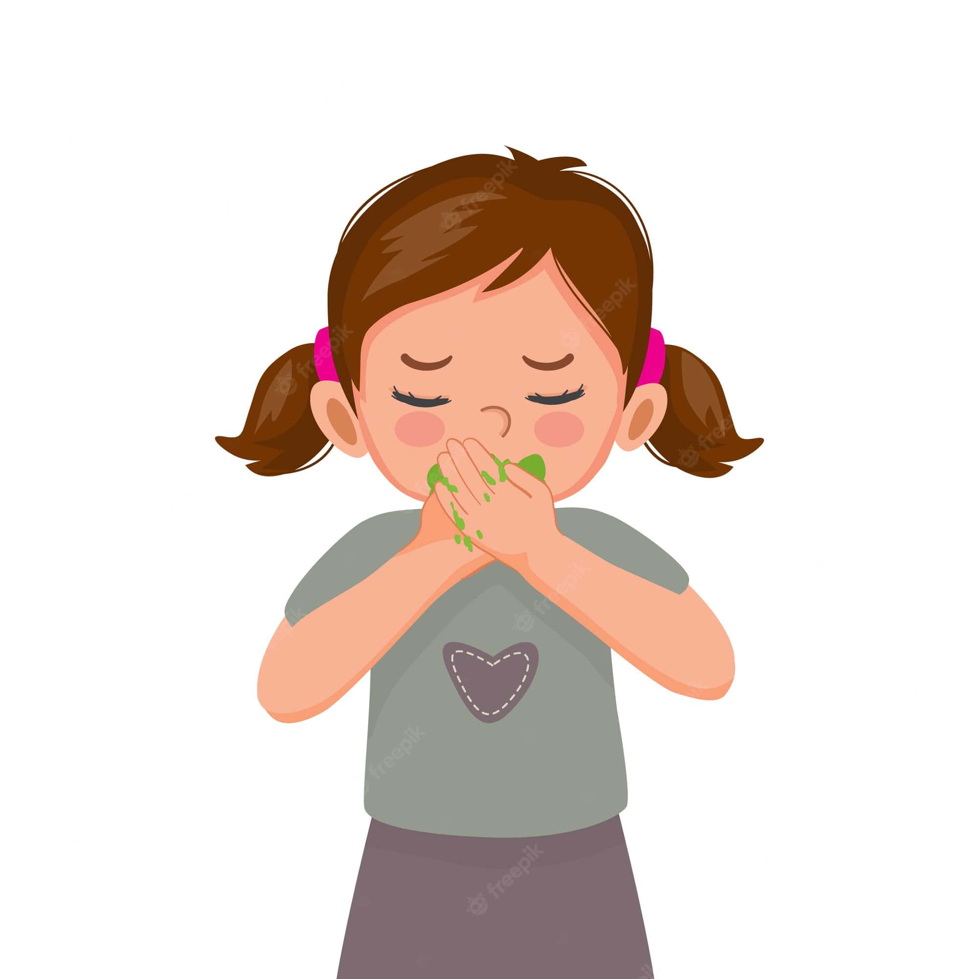 小孩動圖 桌布 壁紙 — 一個可愛的卡通女孩，棕色辮子，用綠色黏糊糊的手捂住嘴巴，閉著眼睛。