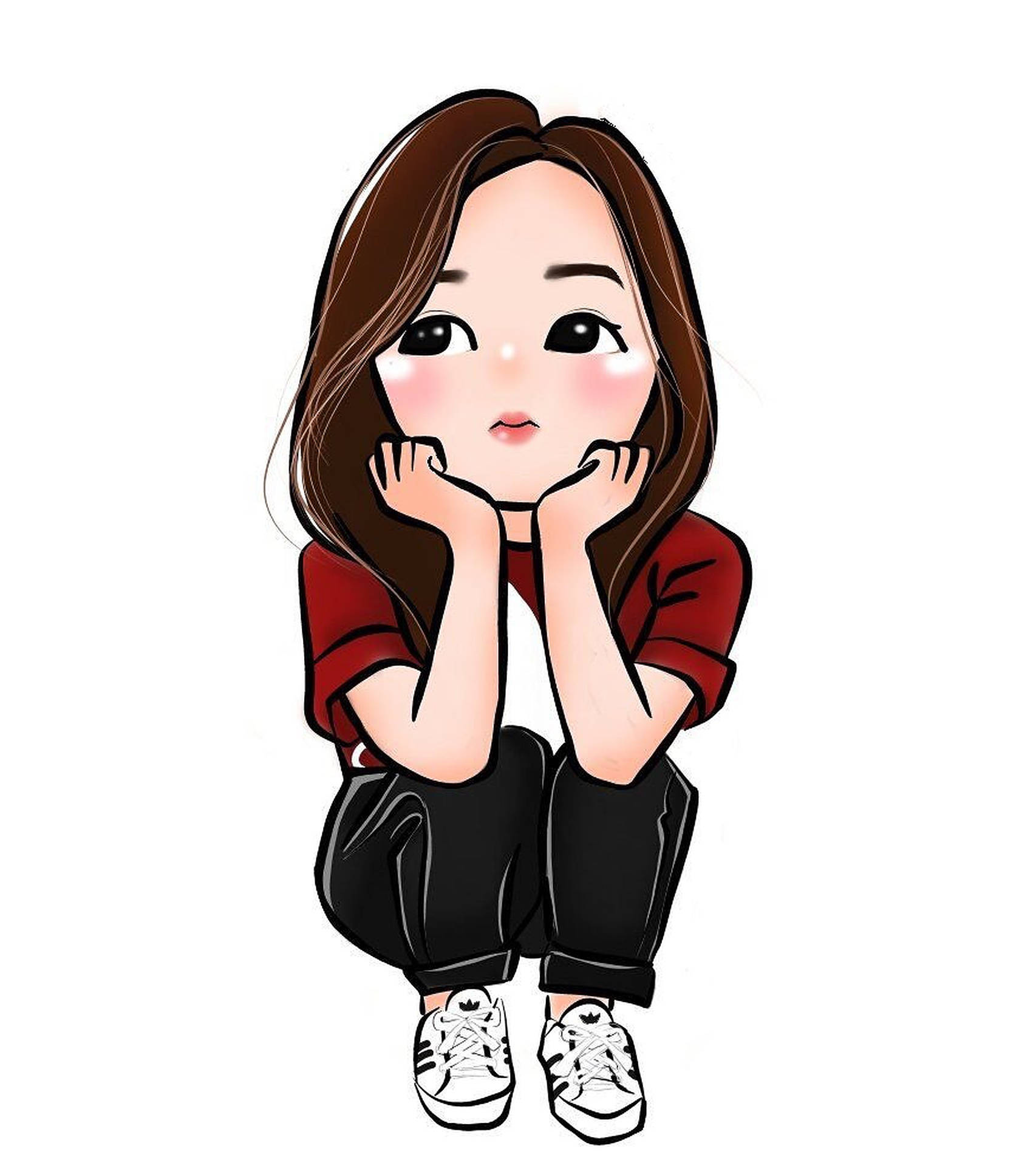 Profile 桌布 壁紙 — 一個可愛的卡通女孩，棕色頭髮，盤腿而坐，雙手捧著臉頰，穿著紅色襯衫、黑色褲子和白色運動鞋。