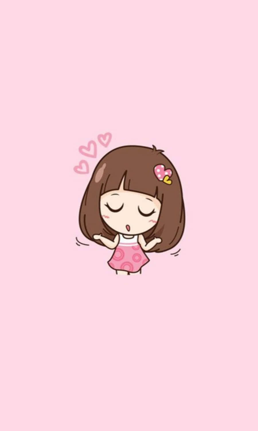 Cartoon Heart 桌布 壁紙 — 一個可愛的卡通女孩，棕色頭髮，粉紅色連衣裙，站在柔和的粉紅色背景前，周圍漂浮著愛心。