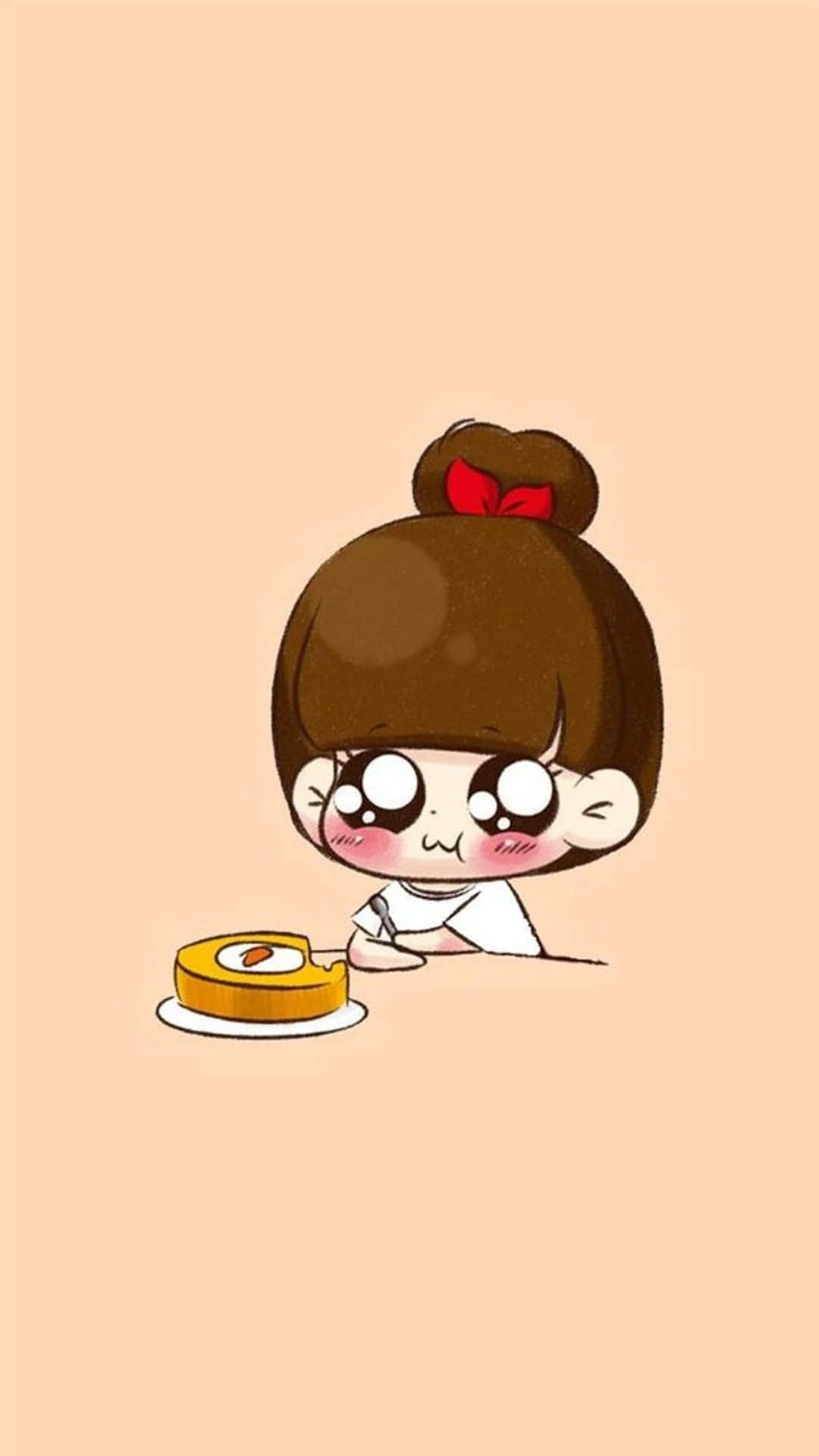 Cute Food iPhone 桌布 壁紙 — 一個可愛的卡通女孩，棕色頭髮和紅色蝴蝶結，深情地凝視著盤子裡的一塊蛋糕。