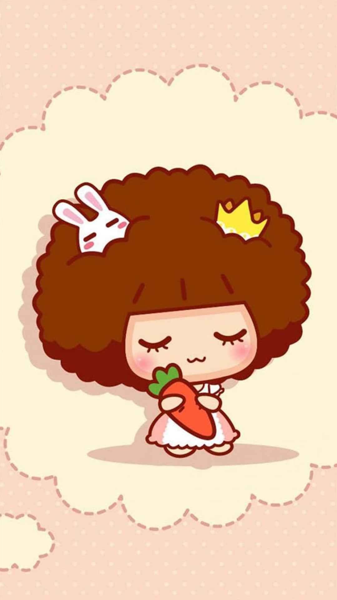 Cute Pattern iPhone 桌布 壁紙 — 一個可愛的卡通女孩，留著棕色大爆炸頭，在圓點背景上的一個雲形框架內拿著一根胡蘿蔔。