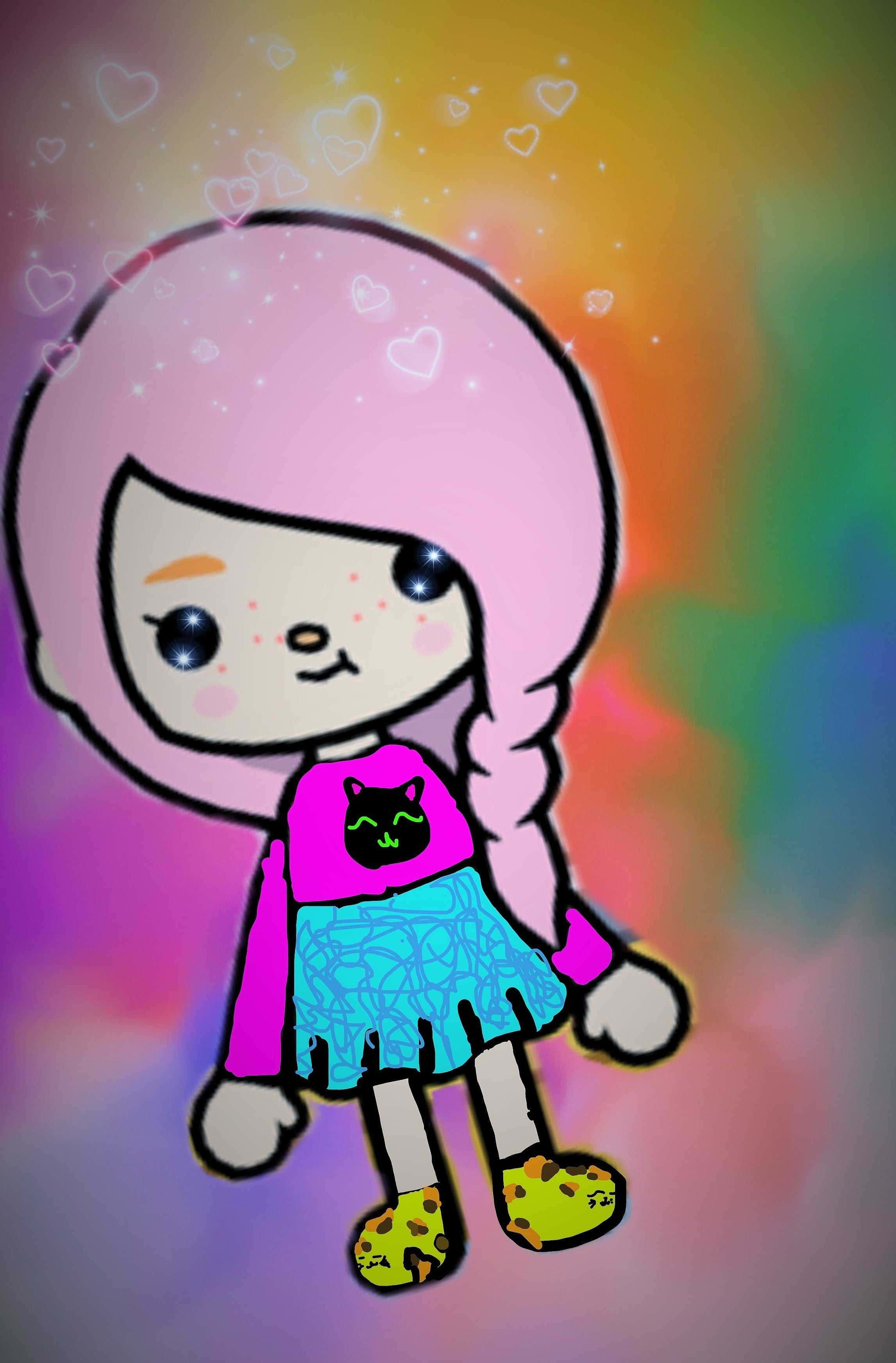 Aesthetic Toca Life 桌布 壁紙 — 一個可愛的卡通女孩，粉紅色頭髮，穿著貓咪T恤，在彩虹漸變背景中漂浮在發光的愛心之間。