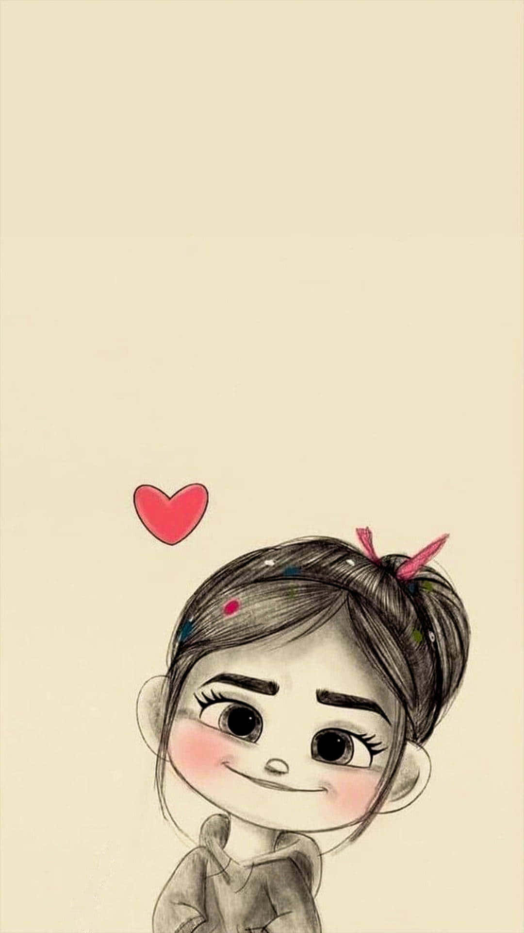 Cute Girl 桌布 壁紙 — 一個可愛的卡通女孩，頭頂上有一個心形，在純米色背景上溫柔地微笑。