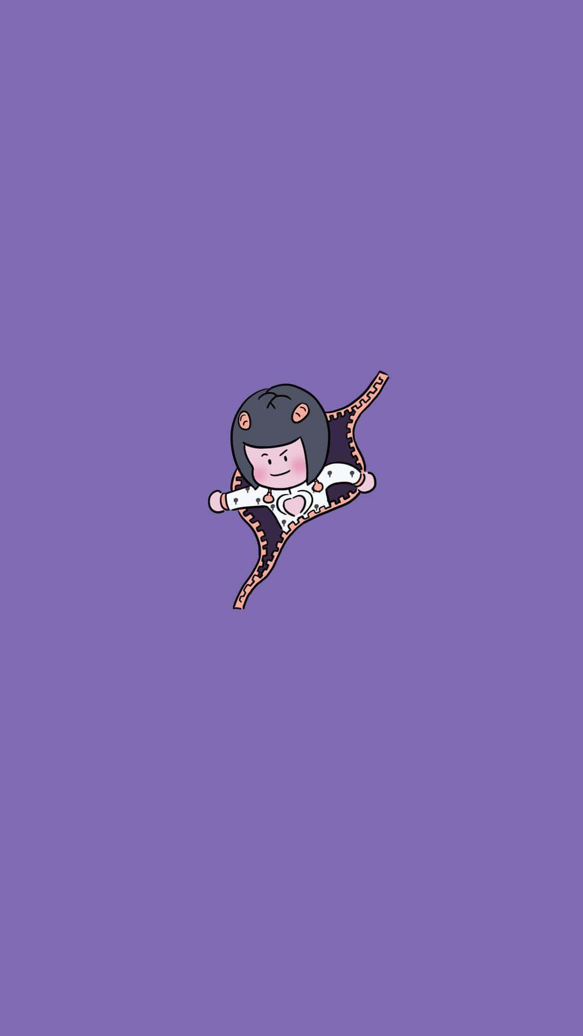 Jjba 桌布 壁紙 — 一個可愛的卡通女孩，黑髮，穿著白色心形圖案服裝，漂浮在純紫色背景上。